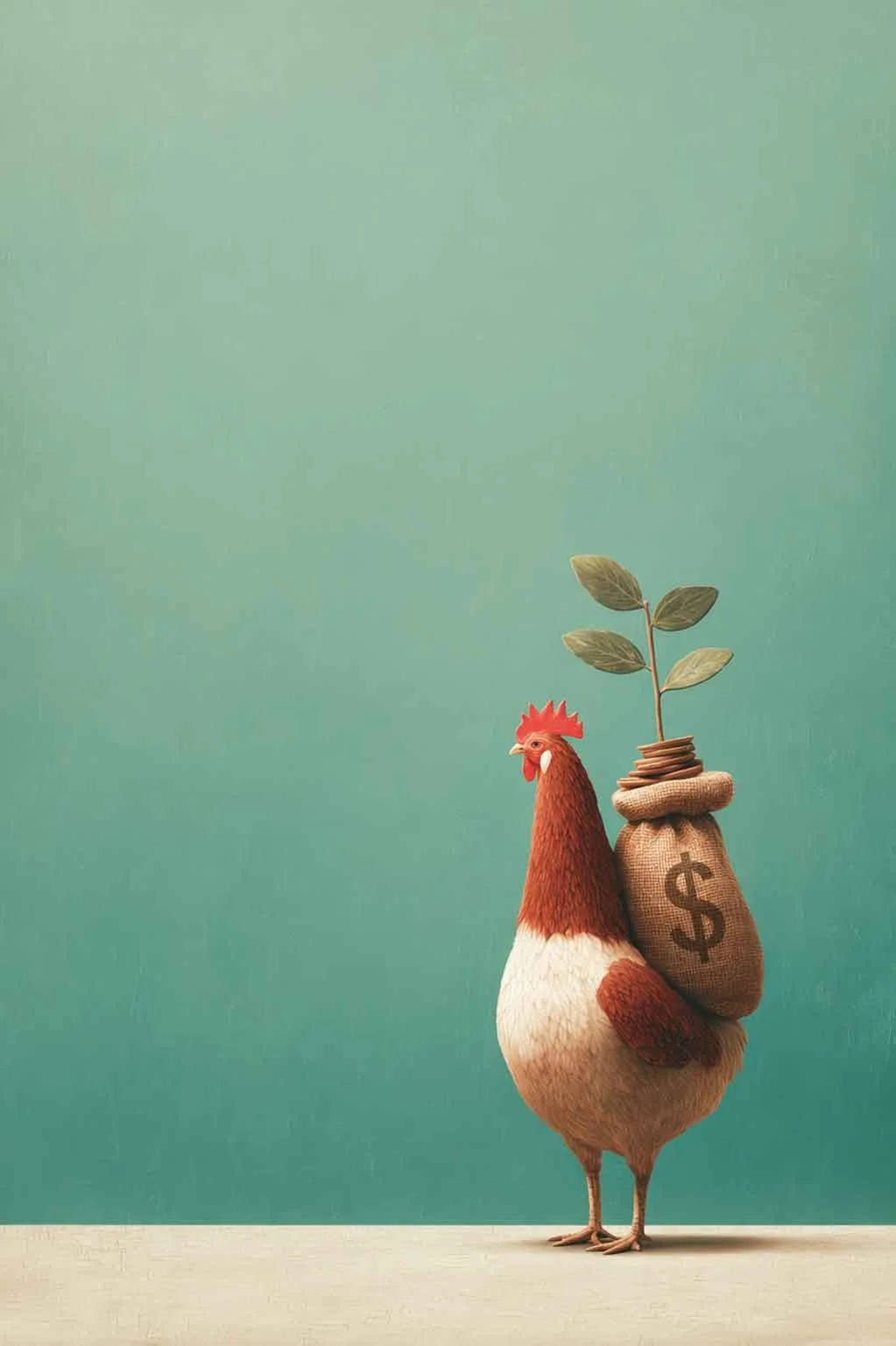 a chicken holding a bag of money with a tree growing out of it for thesquarespace seo expert services