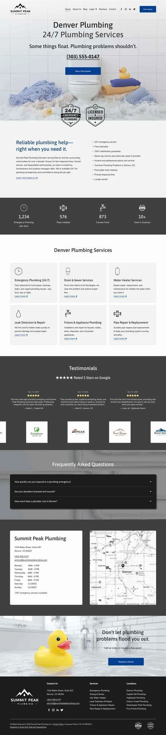 full homepage screen shot from plumber website template with SEO optimization built in