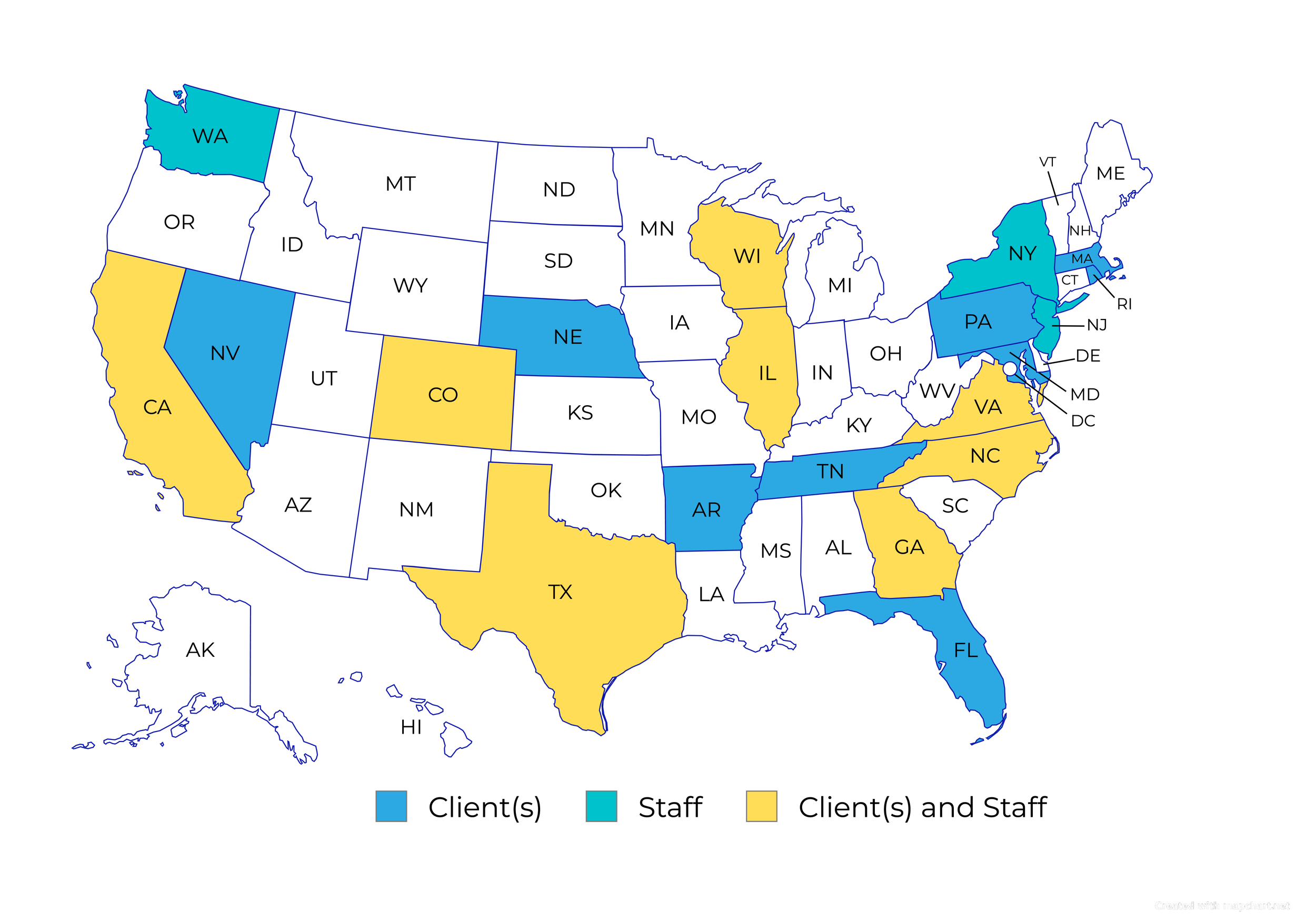 We've had both clients and staff in California, Virginia, North Carolina, Illinois, Colorado, Wisconsin, Texas, and Georgia. We've also had clients in Nevada, Nebraska, Arkansas, Florida, Tennessee, Pennsylvania, Rhode Island, Maryland, & MA