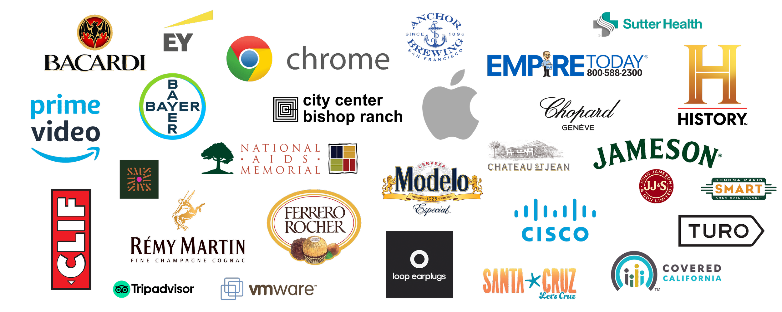A collage of logos from the various companies and organizations actor and content creator Liam Sharpe has worked with, including Apple, Google Chrome, Amazon Prime Video, Bayer, Bacardi, EY, Sutter Health, Modelo, Ferrero Rocher, and Empire Today.