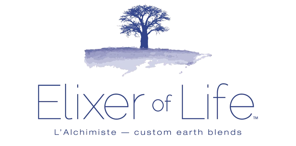 Logo for Elixer of Life with a stylized blue tree on a landscape and text promoting custom earth blends.