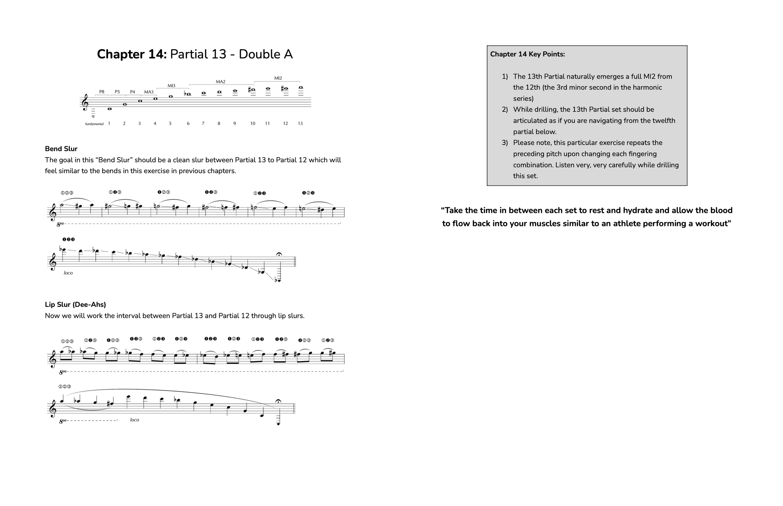Page from a music instruction book titled "Chapter 14: Partial 13 - Double A" with musical notation, diagrams, and instructions related to bend slur and lip slur exercises, and key points for chapter 14 in a grey box.