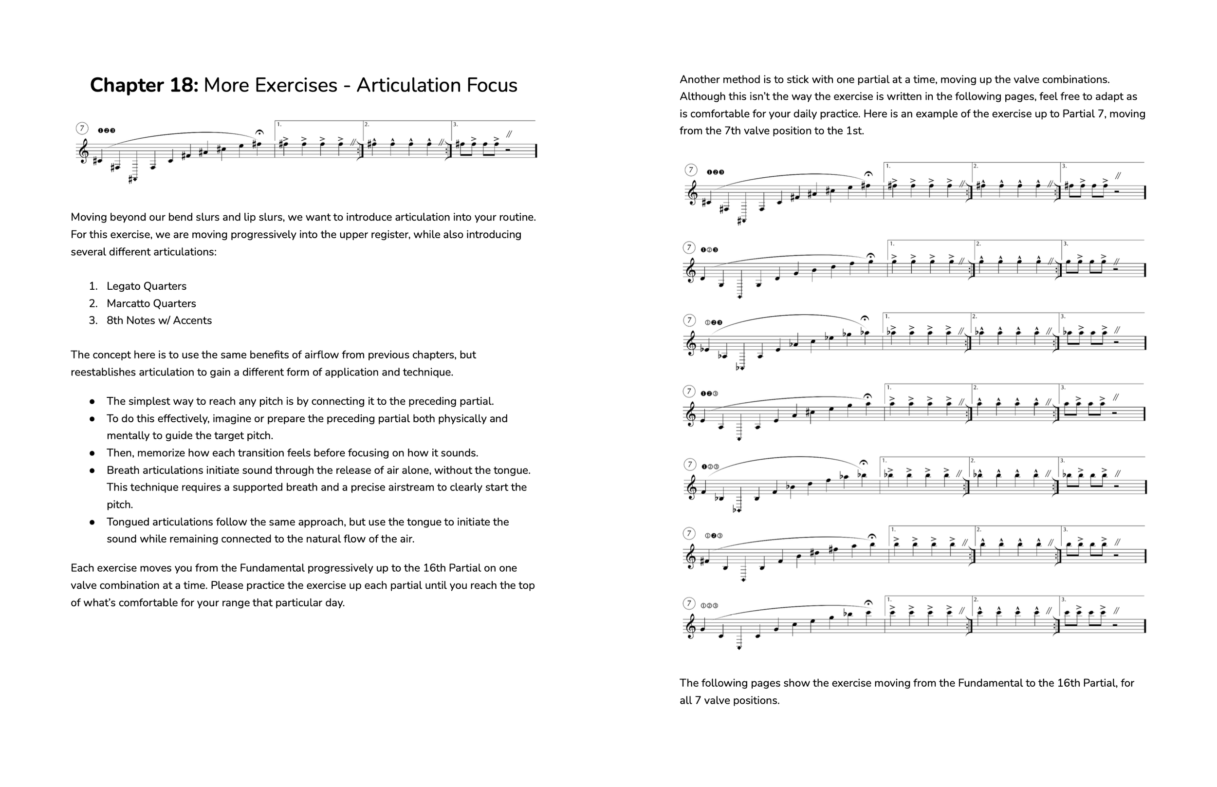 Two-page instructional music guide about articulation exercises for wind instruments, including fingering diagrams and detailed descriptions.