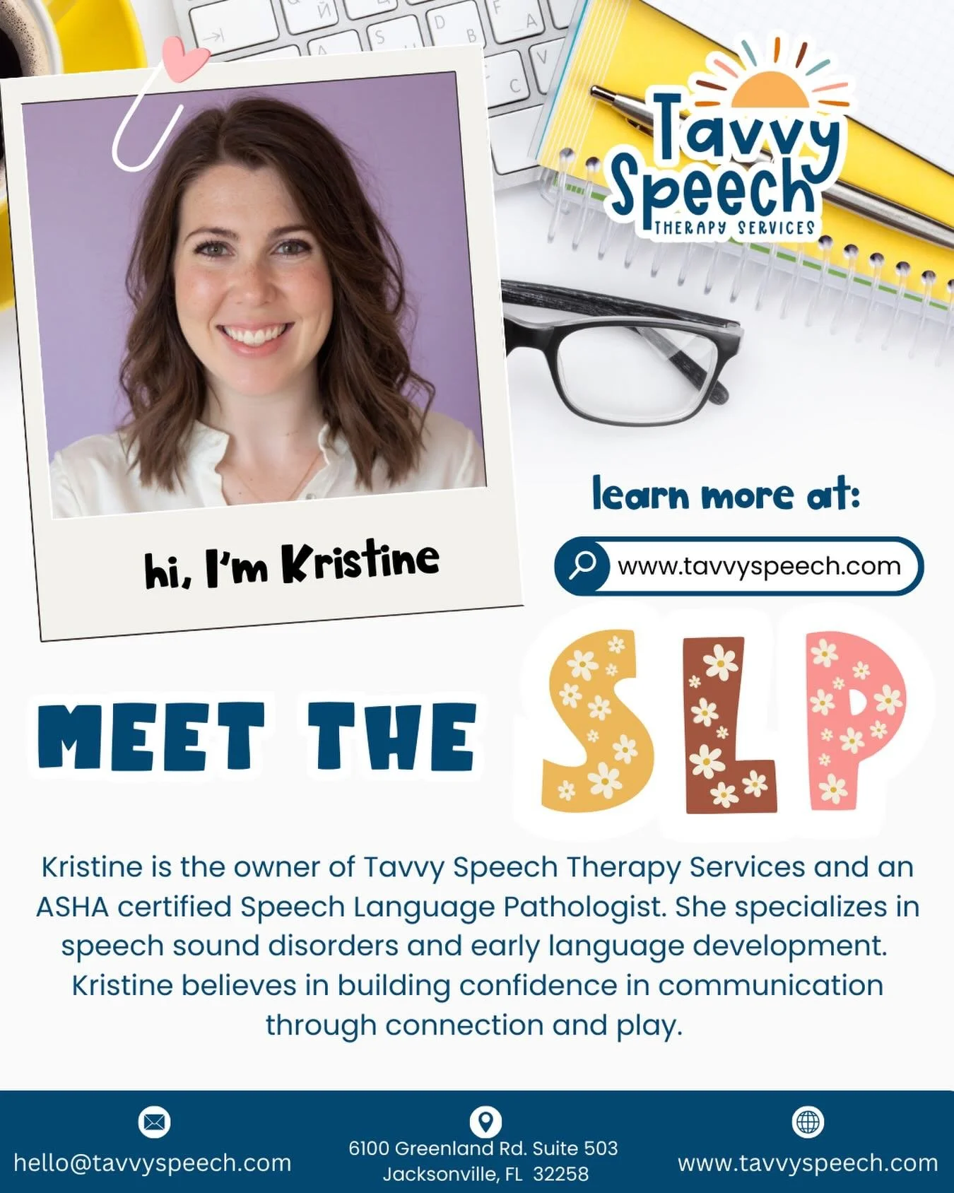 Hi, I&rsquo;m Kristine 👋🏼
Owner + Lead SLP at Tavvy Speech Therapy Services 

I&rsquo;m a pediatric speech-language pathologist who believes therapy should feel playful, supportive, and empowering for kids and parents.

I help children build:
✨ Cle
