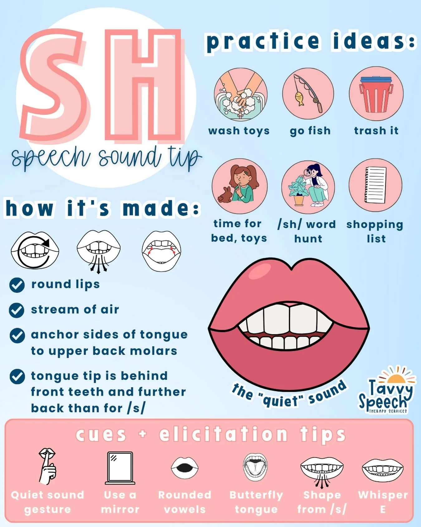 ✨Speech Tip Thursday✨

Check out these tips for SH!

🗣️How to elicit the SH sound:
* The &ldquo;Whisper E&rdquo; Trick: make a wide smile and say &ldquo;eeee&rdquo;. Then whisper it and slowly push lips forward into a rounded position 
* Shaping fro
