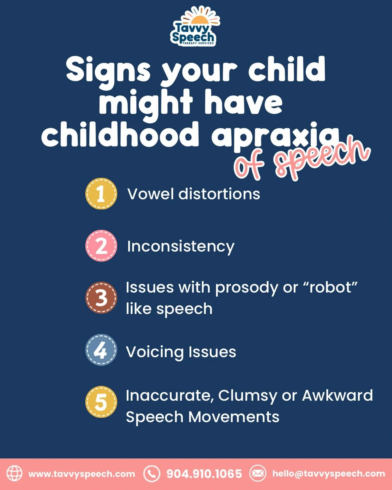 Children with CAS often know what they want to say, but their brain has trouble sending the correct movement plan to the mouth.

Signs to look out for include: &bull; Limited babbling as a baby &bull; Difficulty combining sounds and syllables &bull; 