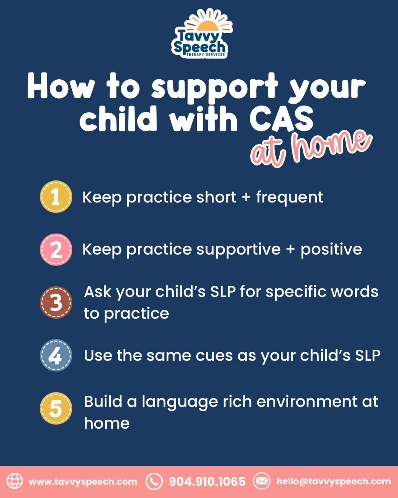 Supporting a child with Childhood Apraxia of Speech (CAS) at home does not mean turning your house into a therapy room. Small, consistent moments of practice throughout the day can make a big difference.

Here are a few ways to help at home:
&bull; F