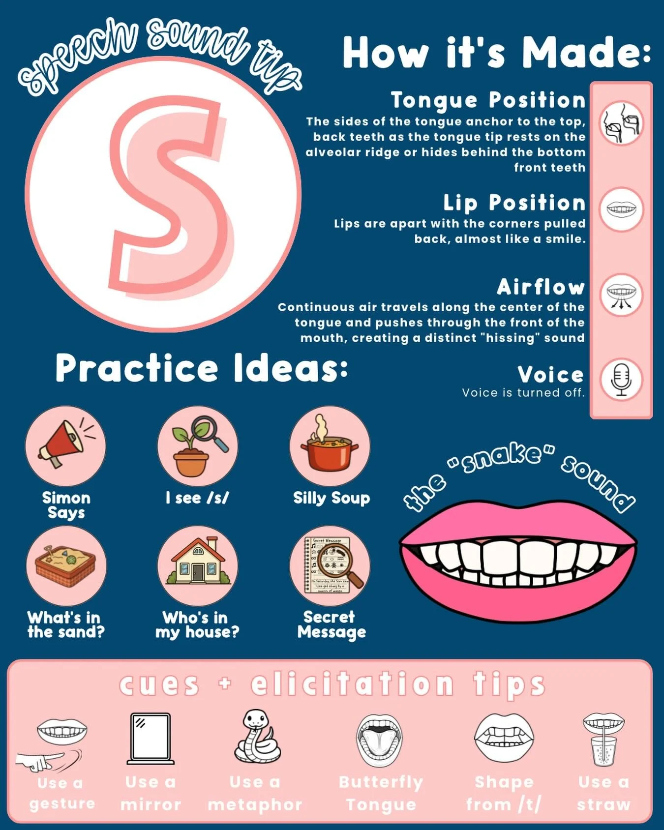 Who needs tips for /s/? Save this guide! 🐍

How it&rsquo;s Made:
To make the /s/, the tongue should be wide so that the sides touch the top, back molars. The tip of tongue can point upward towards the alveolar ridge or hide behind the bottom front t