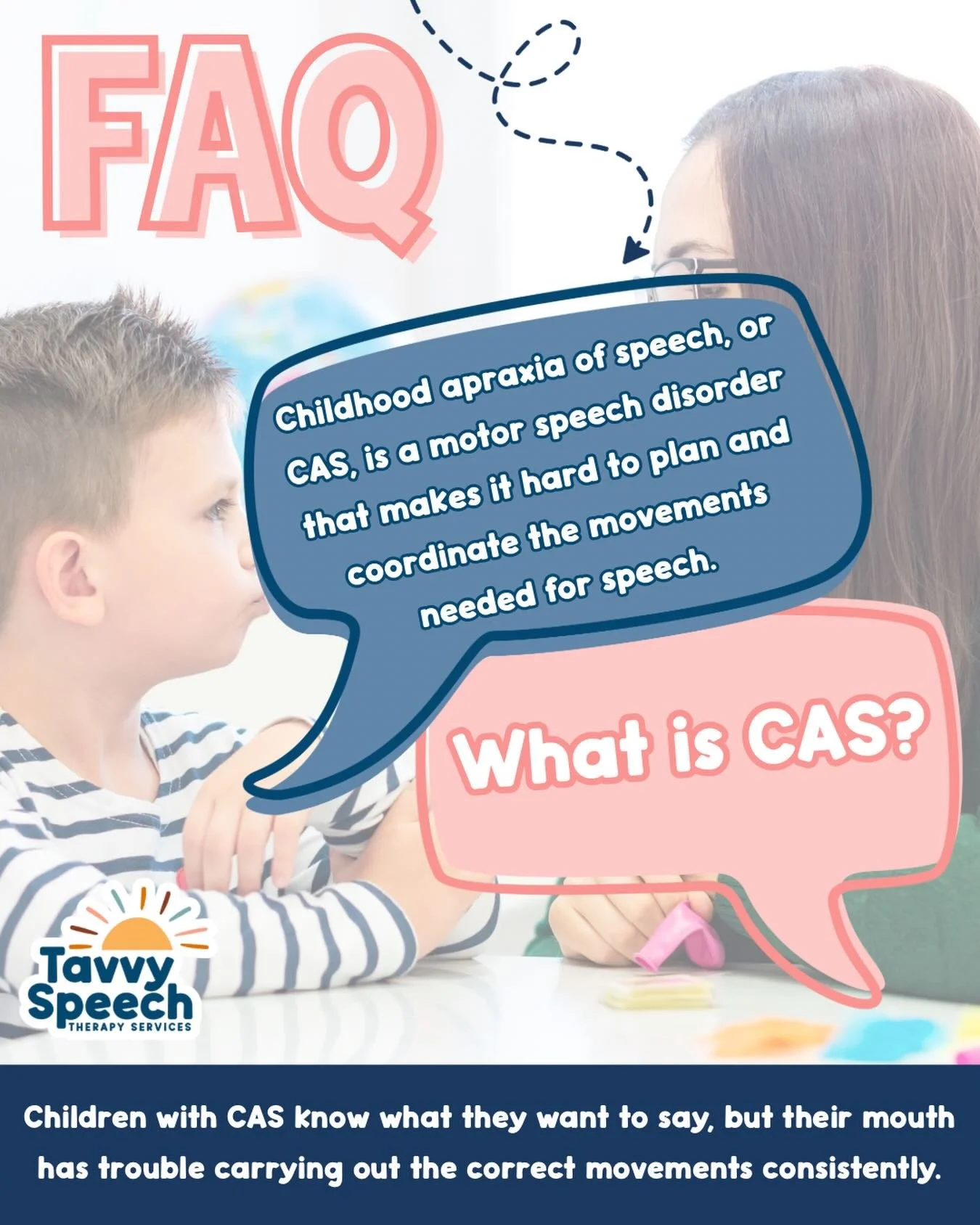 FAQ: What is Childhood Apraxia of Speech (CAS)?

Childhood Apraxia of Speech, or CAS, is a motor speech disorder that affects planning and coordinating the movements needed for speech.

Children with CAS know what they want to say, but their brain ha