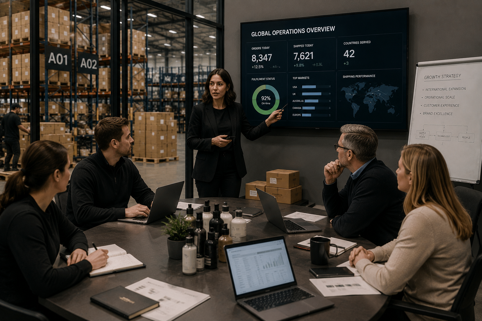 Senior operational leadership visual combining fulfilment, international logistics and strategy — boardroom meets operations.