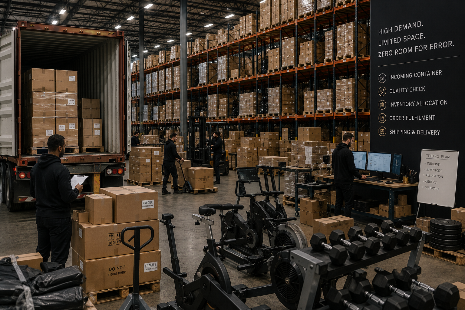 Large-scale warehouse with high stock density, containers or inbound inventory, visually representing operational overflow and planning complexity.