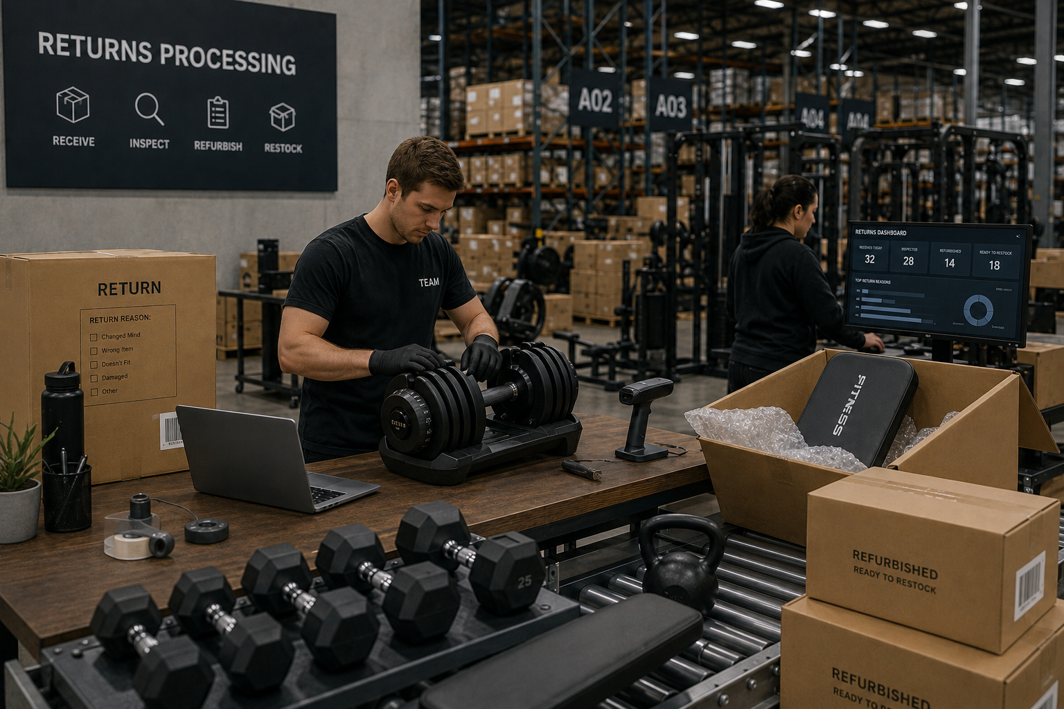 Returns handling station or ecommerce returns processing environment with organised workflow and product inspection.
