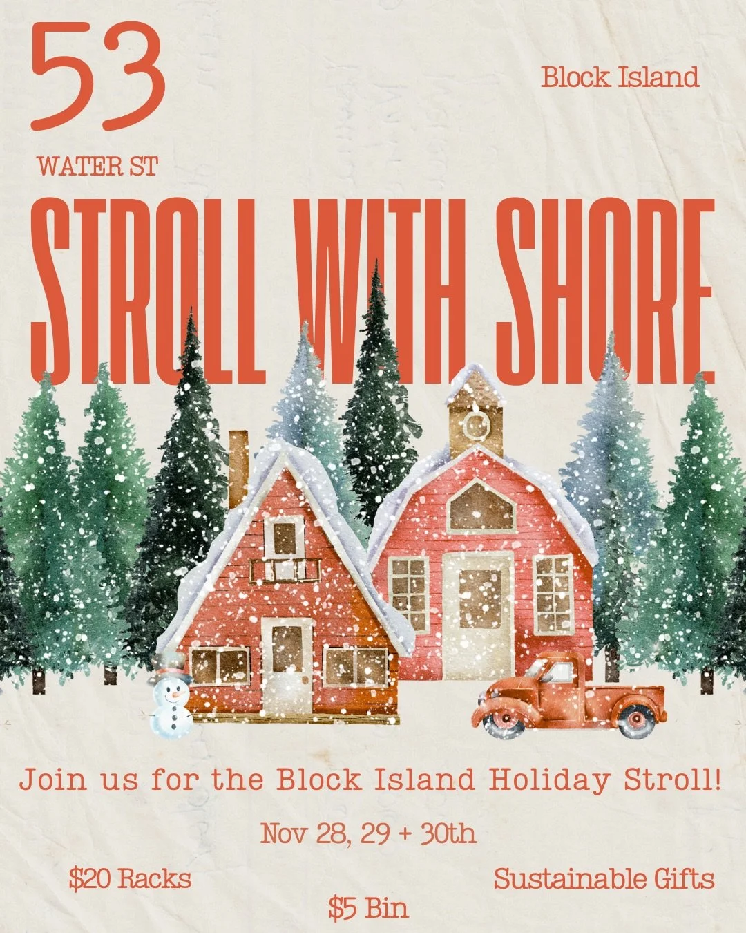 It&rsquo;s that time of year again🎄✨ 

Join us Friday, Sat and Sunday for the Annual Block Island Holiday Stroll🎁 

Stop by shore from some holiday cheer, sustainable gifts, &amp; cozy vibesss✨🎄✨❤️ 

Fri- 10-4 
Sat- 10-4 
Sun-10-2 

Happy Thanksgi