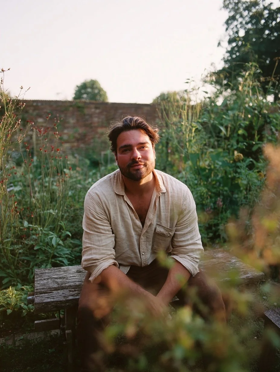 Portrait of Matthew Mann in a linen shirt in a summer garden
