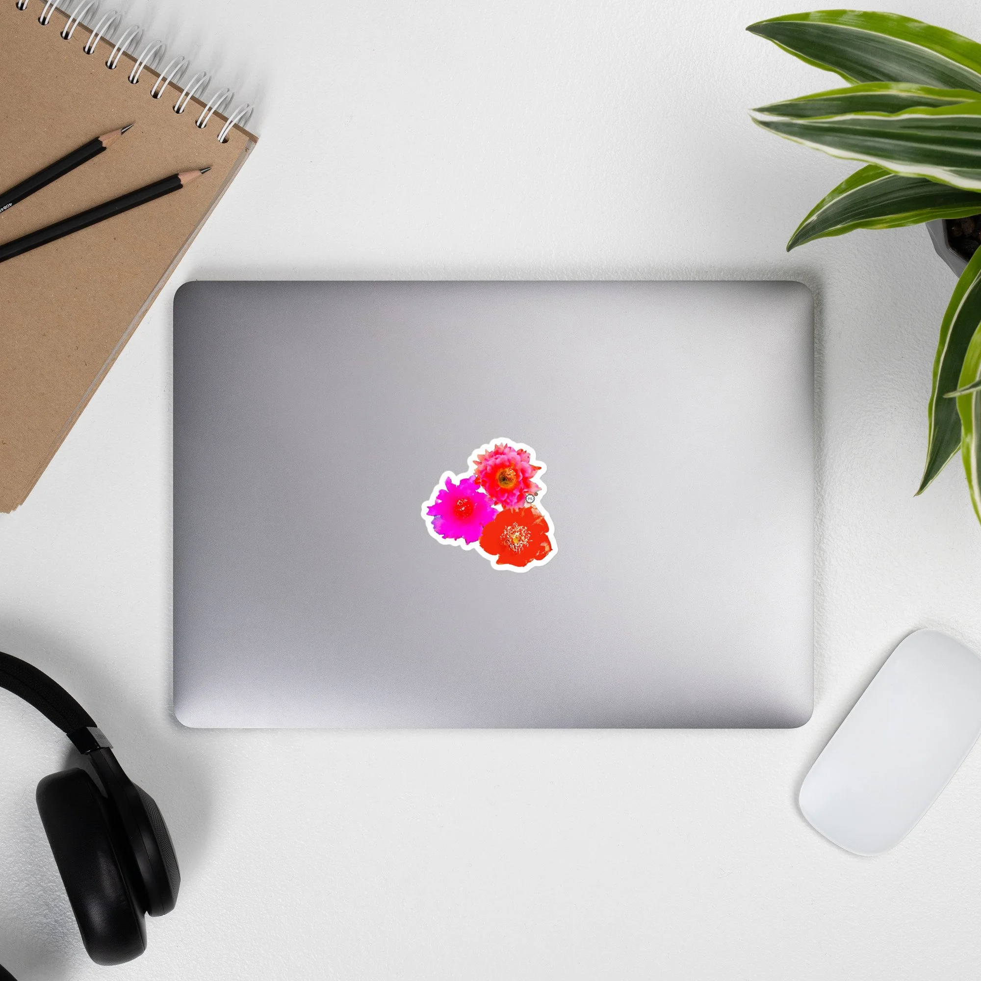 Colorful Cactus Flowers Sticker on laptop in office.