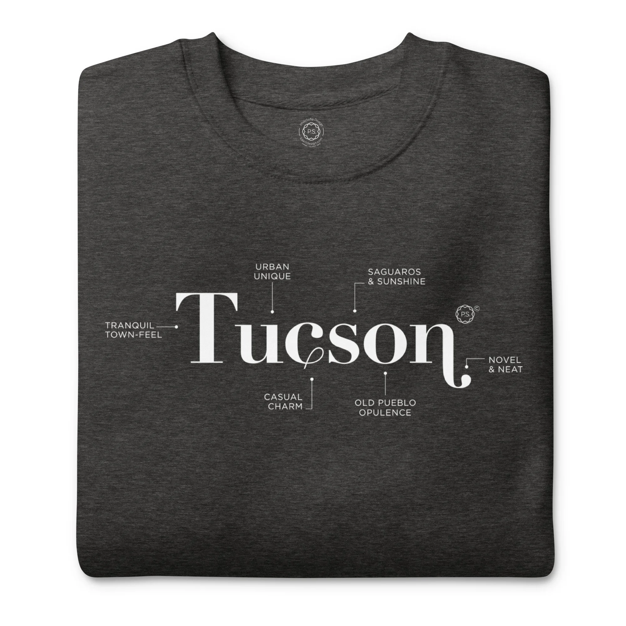 Close up of folded super soft Tucson Defined minimalist graphic sweatshirt in cool Charcoal Heather.