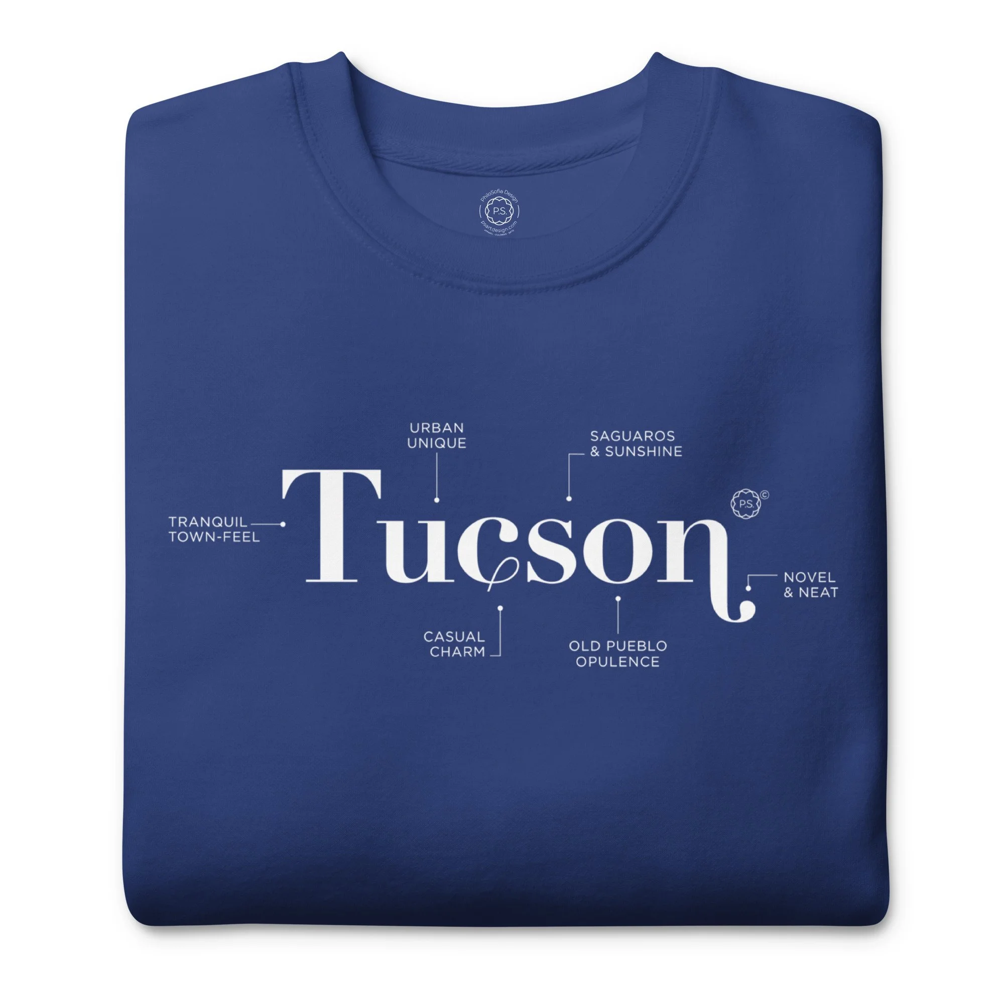 Close up of folded super soft Tucson Defined minimalist graphic sweatshirt in beautiful Team Royal blue.