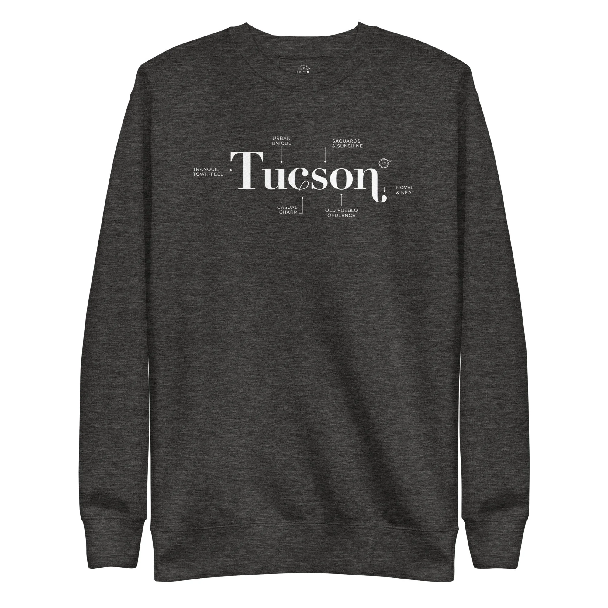 Super soft Tucson Defined minimalist graphic sweatshirt in cool Charcoal Heather.