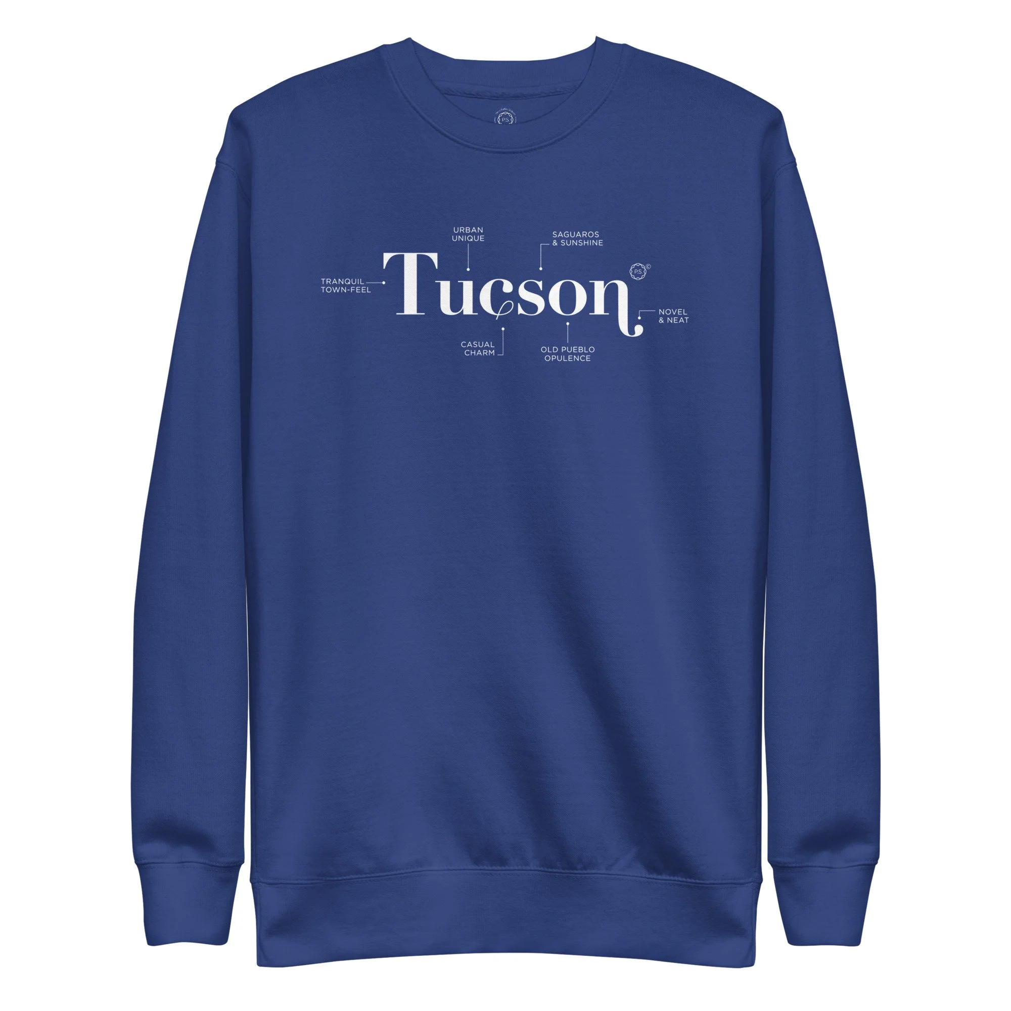 Super soft Tucson Defined minimalist graphic sweatshirt in beautiful Team Royal blue.