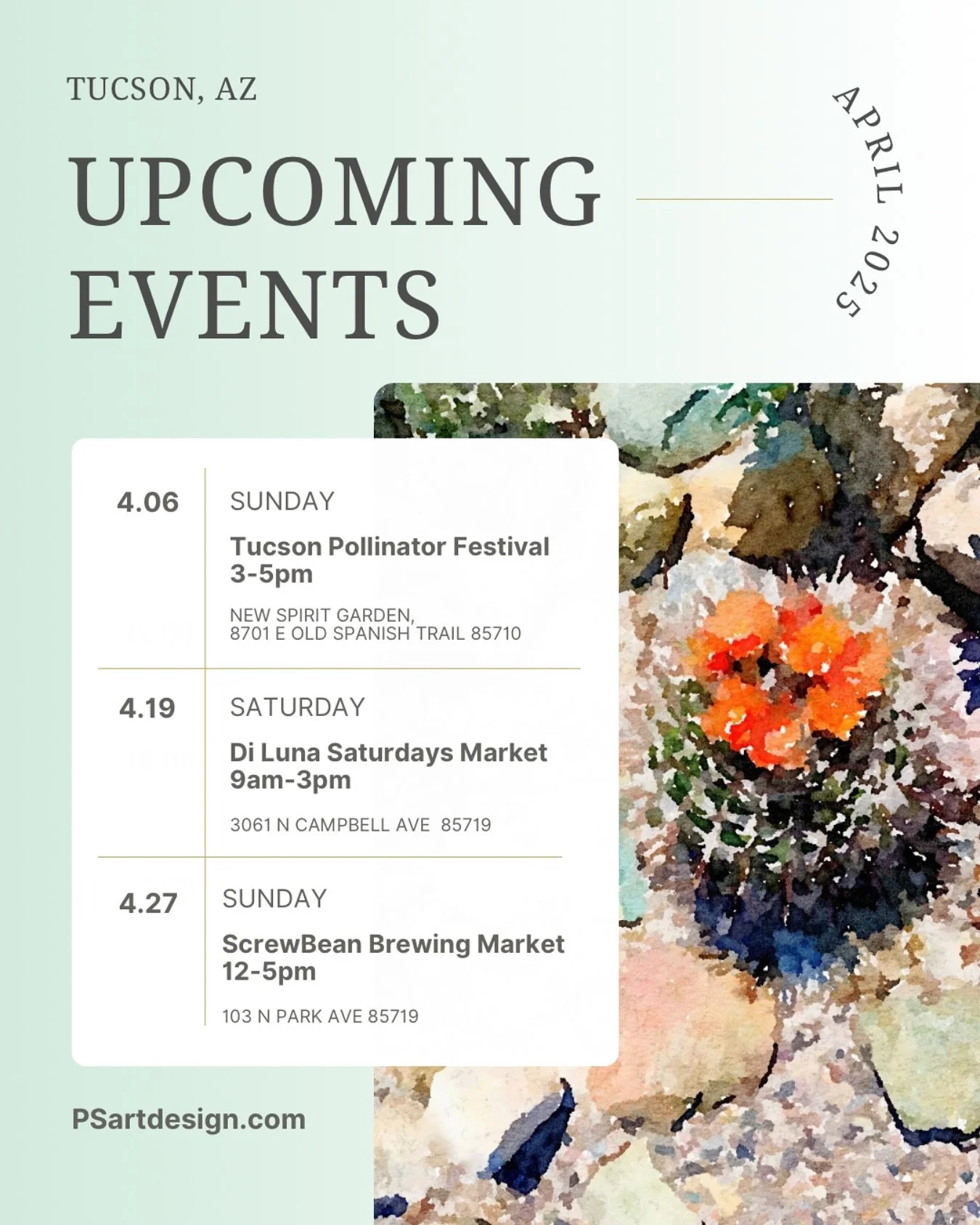 Upcoming Pop-Up Shops❣️Please share!

Sunday, April 6th | 3-5pm
Food trucks 🚌 will be at this Sunday&rsquo;s gardening 👩&zwj;🌾 event! 🐝 @communitygardenstucson 

Saturday April 19th | 9am-3pm
@dilunacandlestore has yummy candles 🕯️ and @espresso