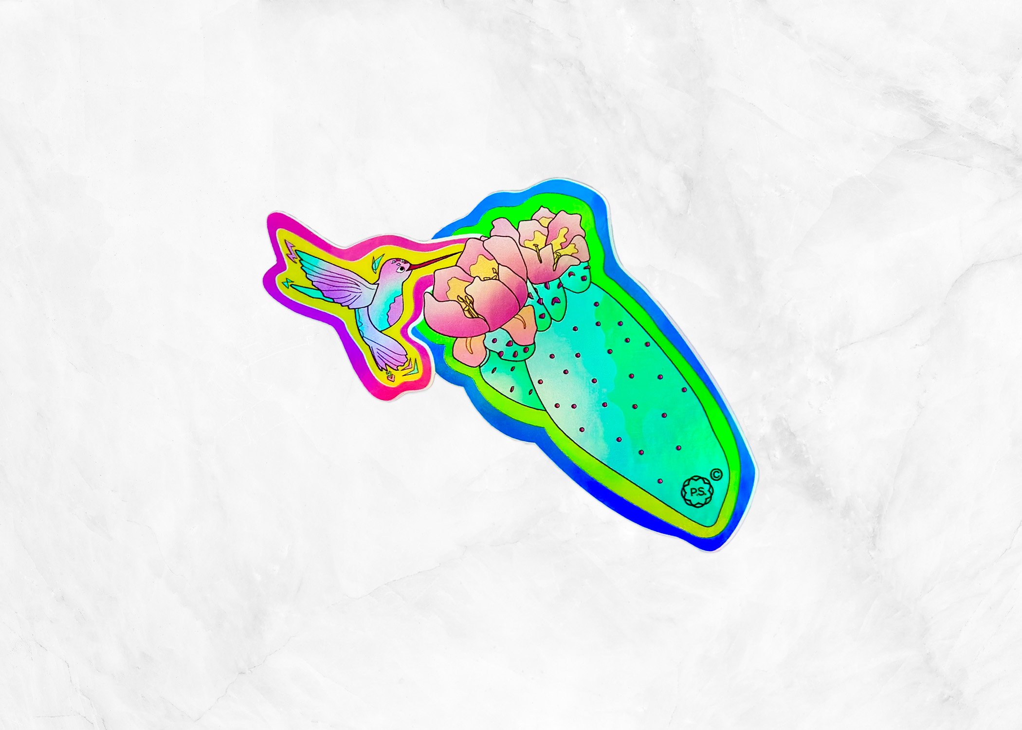 Pink and turquoise hummingbird custom die-cut sticker on halographic rainbow prism paper.