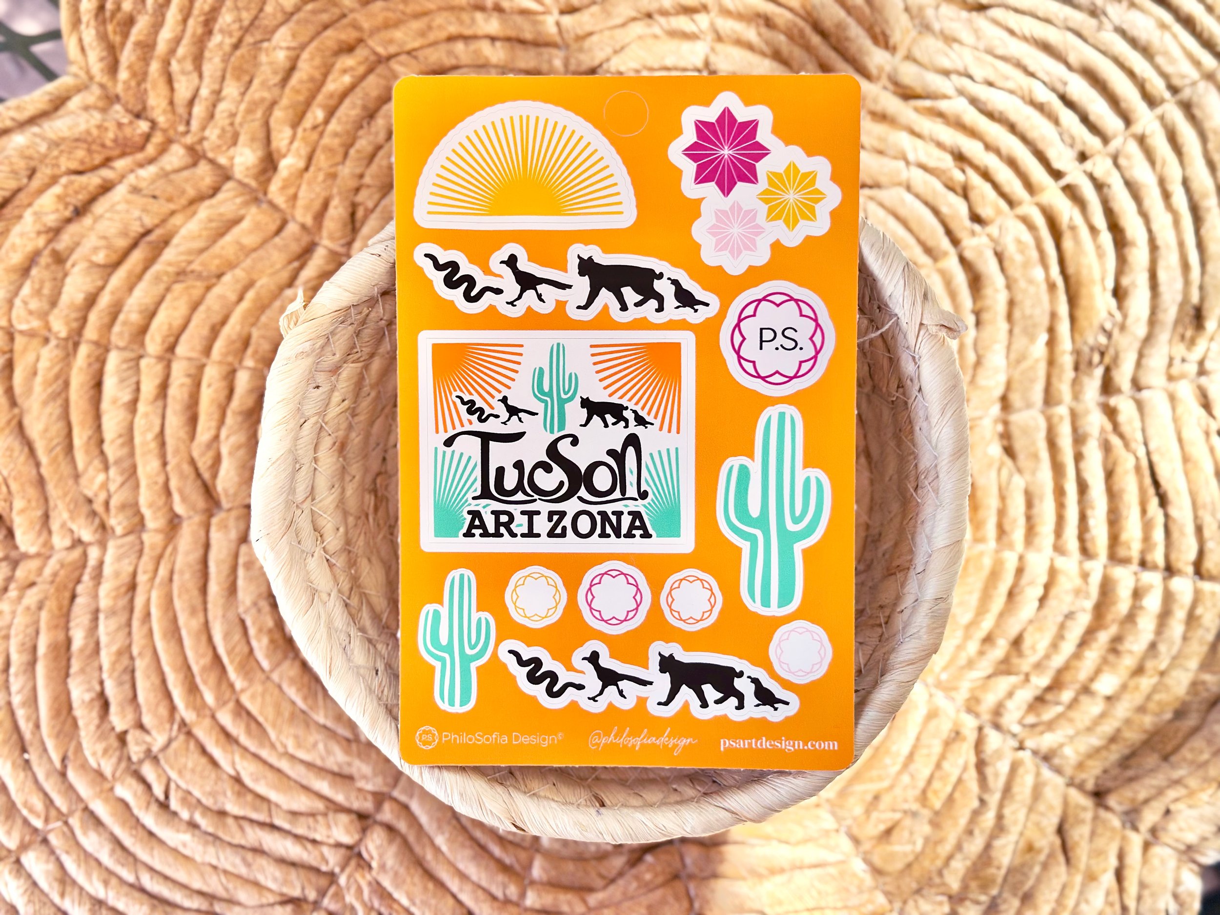 Tucson, Arizona Sun and Fun Sticker Sheet in a basket