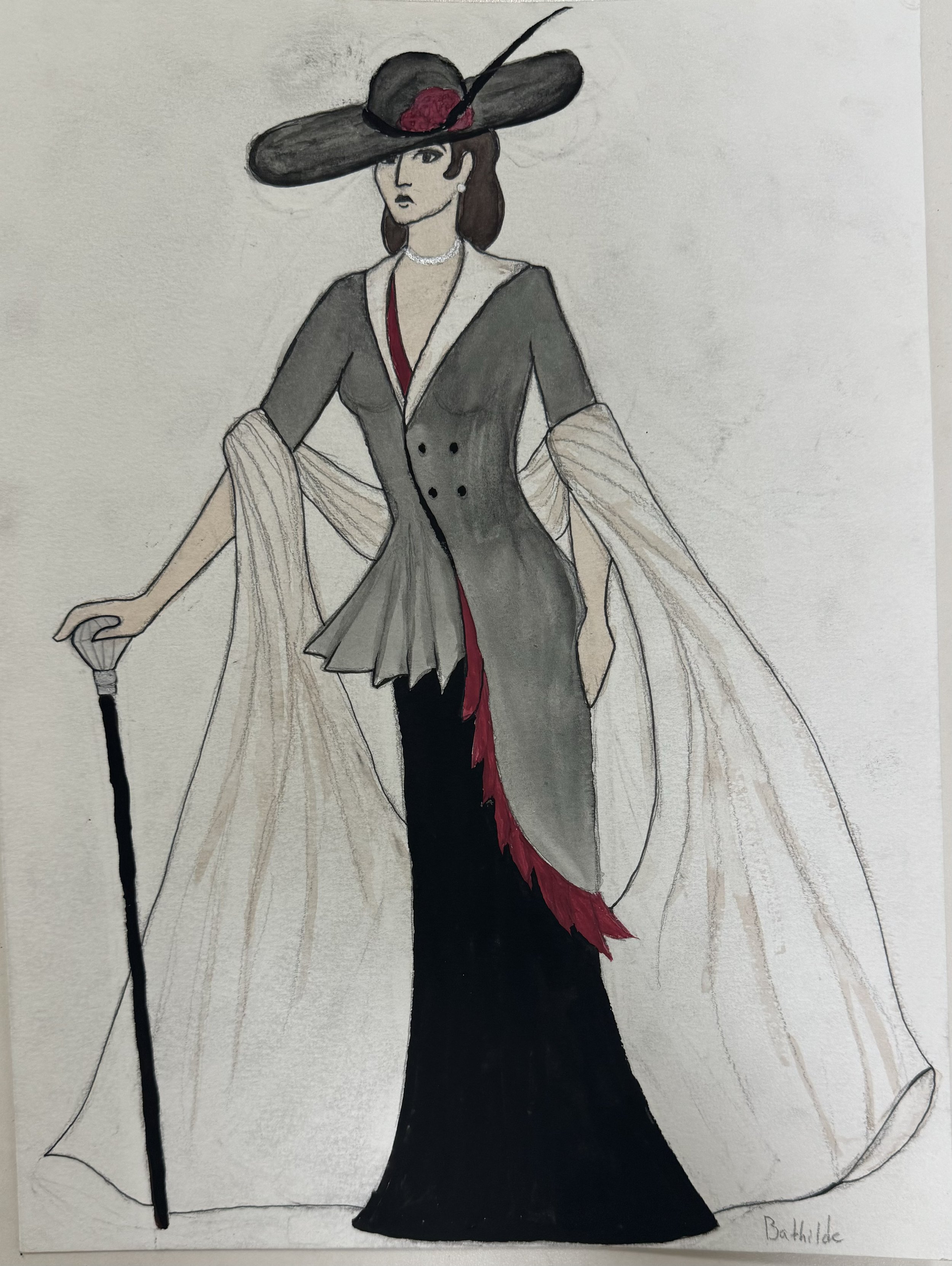 Robert Wun Inspired Giselle Ballet Design for Bathilde (watercolor, pencil, and ink)