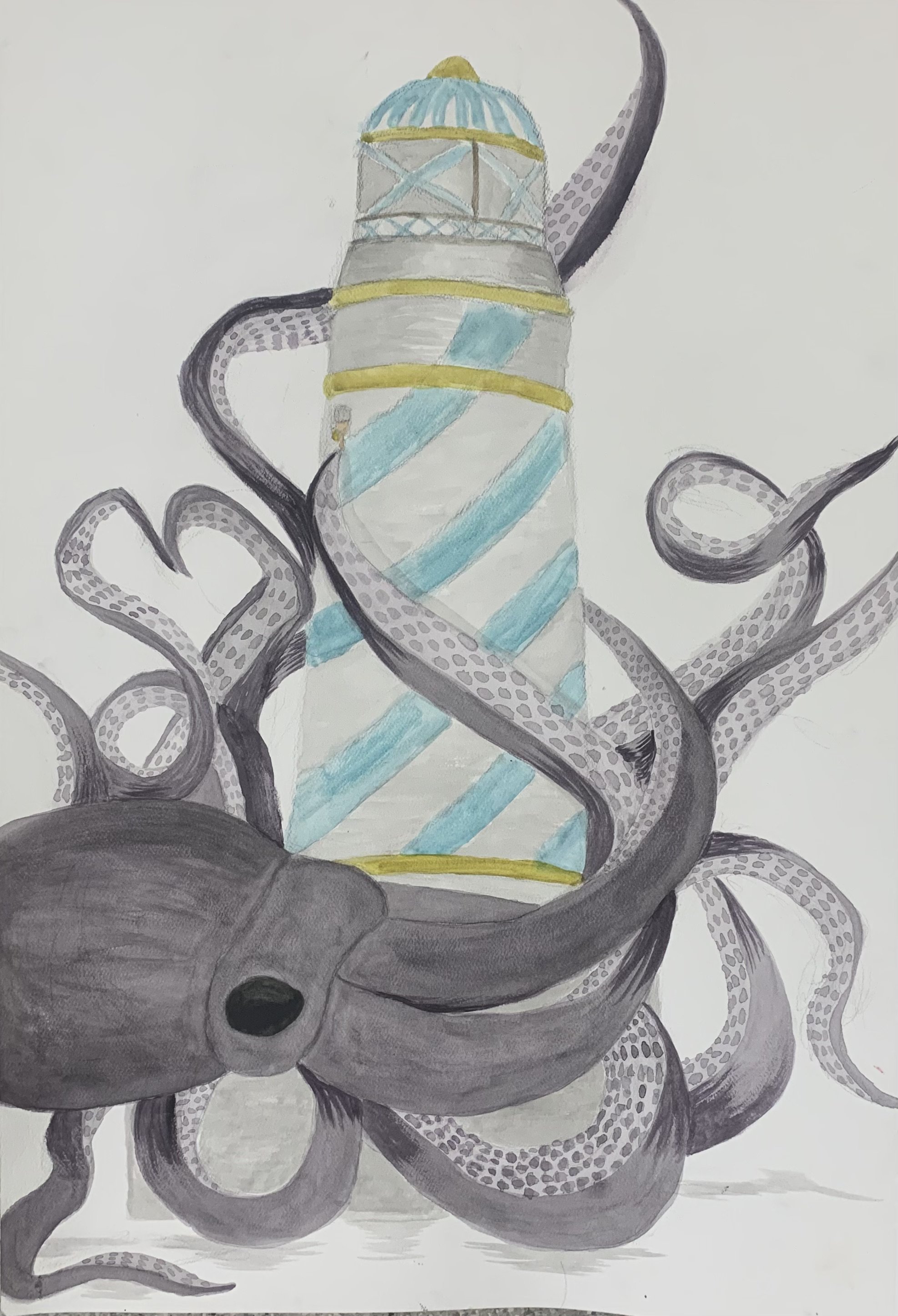 Kraken and Lighthouse (watercolor and pencil)