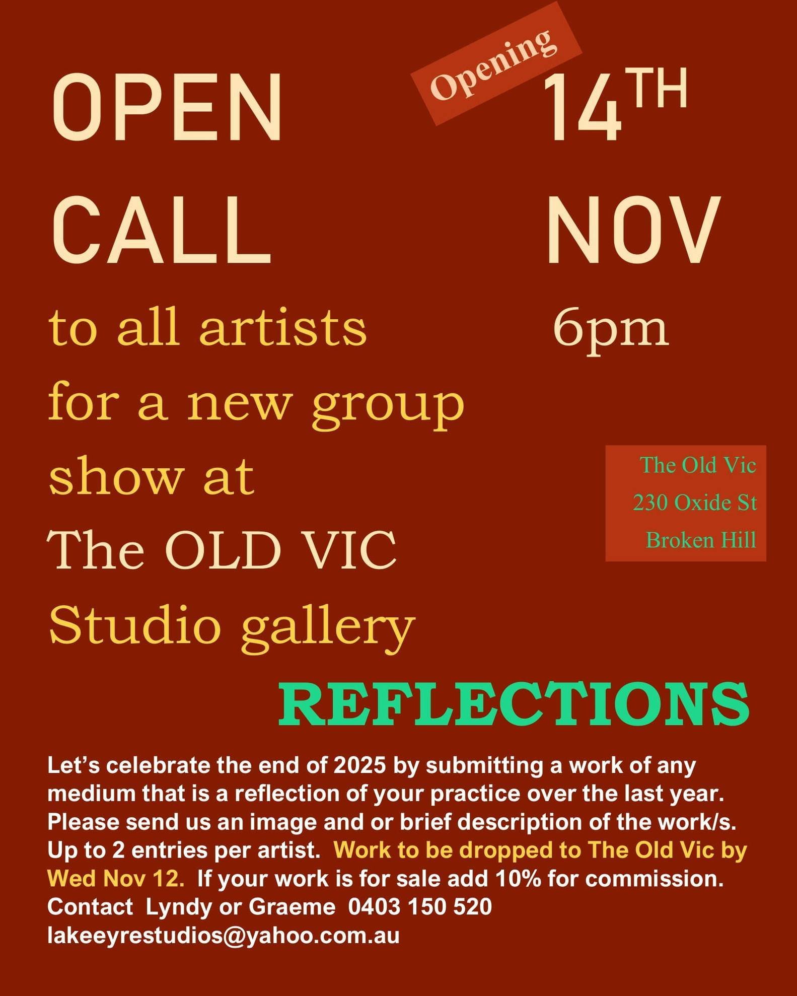 Calling all Artists in Broken Hill, our friends at @theoldvicstudiogallery are hosting a collaborative exhibition of works celebrating art from 2025. Artists can submit up to two works by the 12th November with the exhibition opening on the 14th. We 