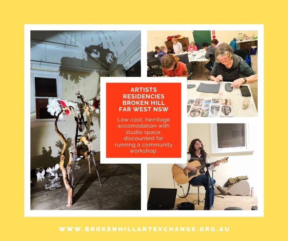 https://www.brokenhillartexchange.org.au/artist-in-residence

&bull; Calling All Artists: Experience the Magic of the Outback with a self-funded residency at the Broken Hill Art Exchange!

Discover why Broken Hill is the beating heart of regional art