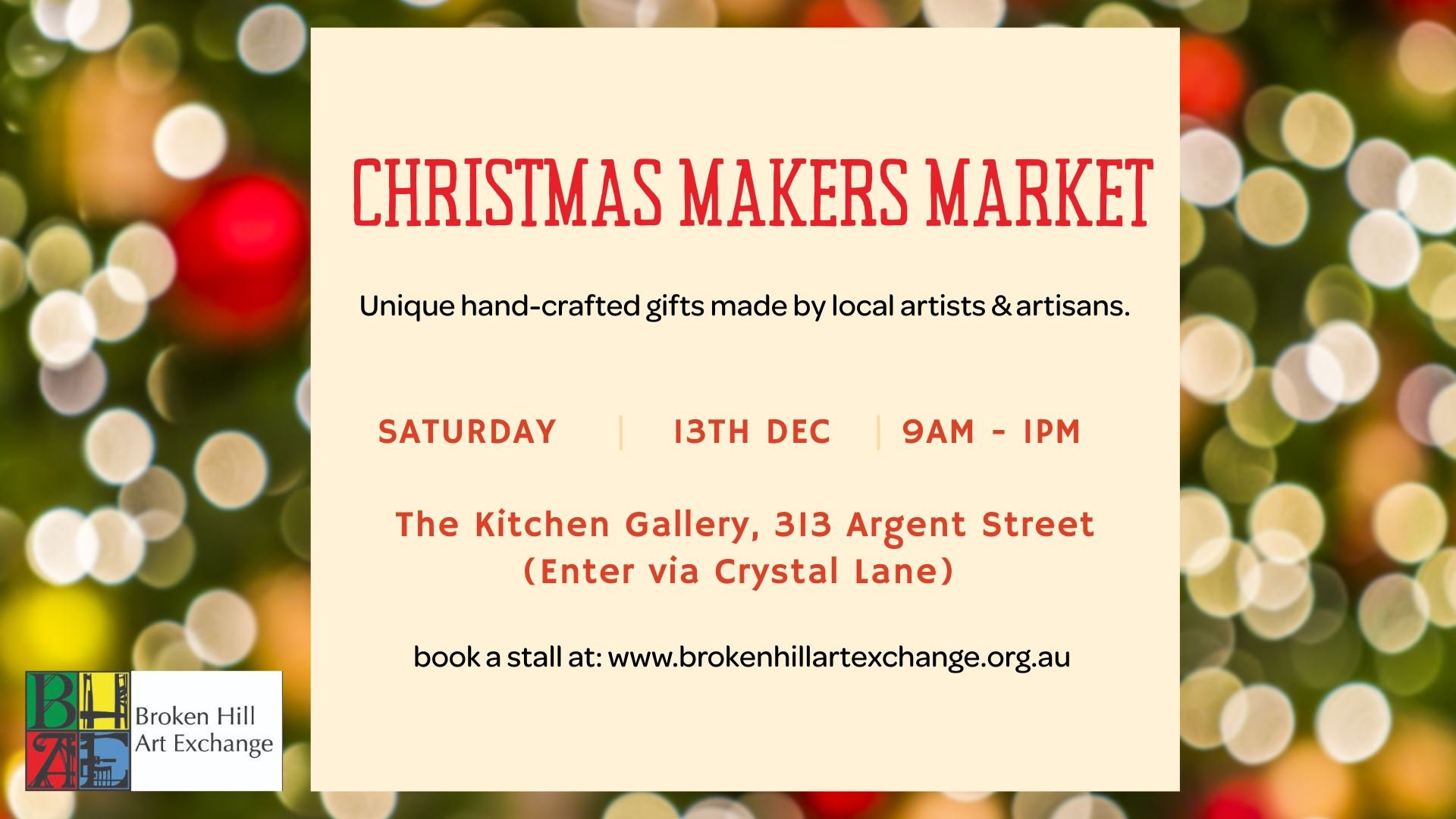 Are you an artist or craftsperson looking to capture some last minute Christmas shoppers? 

We still have space for a couple more stalls at this Saturdays Makers Market, in the Art Exchange / Deli Courtyard. (13th December 9-1pm)

Stalls are $15.00 -