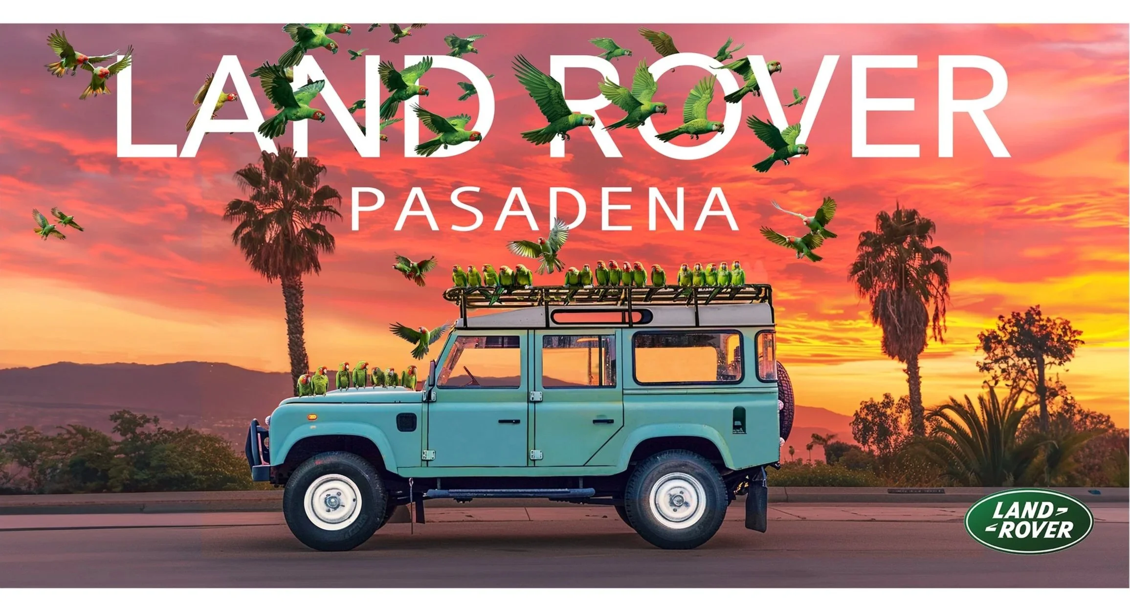 Vintage Land Rover vehicle on the road at sunset with numerous parrots perched on it and flying around. Tall palm trees and a colorful sky in the background. Text overlay reads 'Land Rover Pasadena' and a small green Land Rover logo in the bottom rig