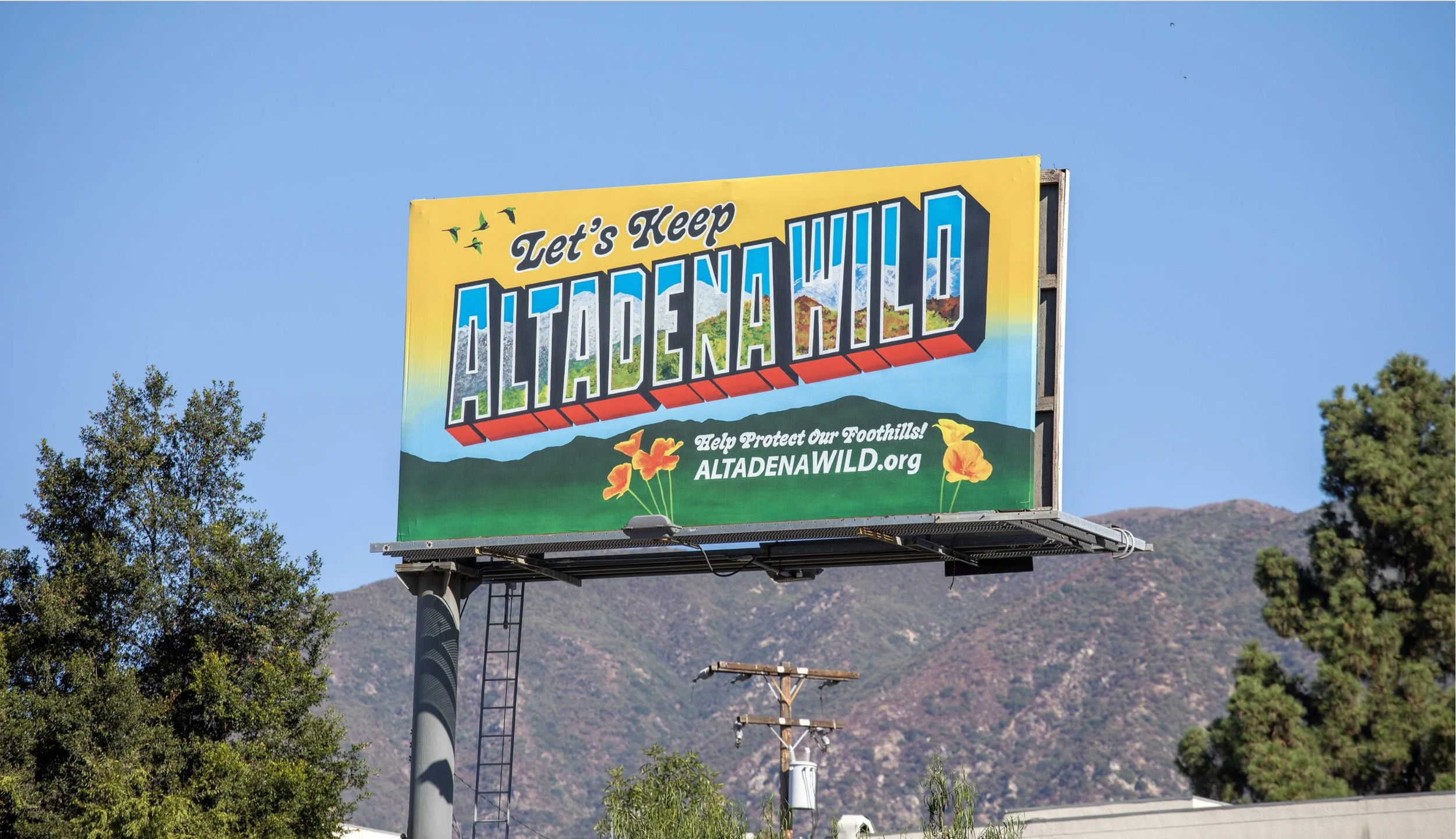 Colorful billboard in California promoting the protection of the Altadena Wild Foothills with the message "Let's Keep Altadena Wild" and a website URL altadenawild.org, set against a backdrop of mountain landscape, trees, and a clear blue sky.
