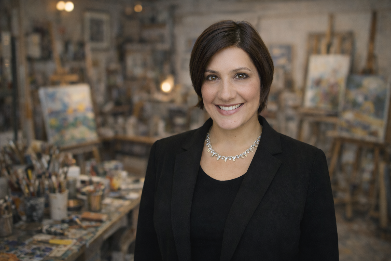 A woman with short dark hair, wearing a black blazer and a silver necklace, smiling in an art studio with paintings and easels in the background.