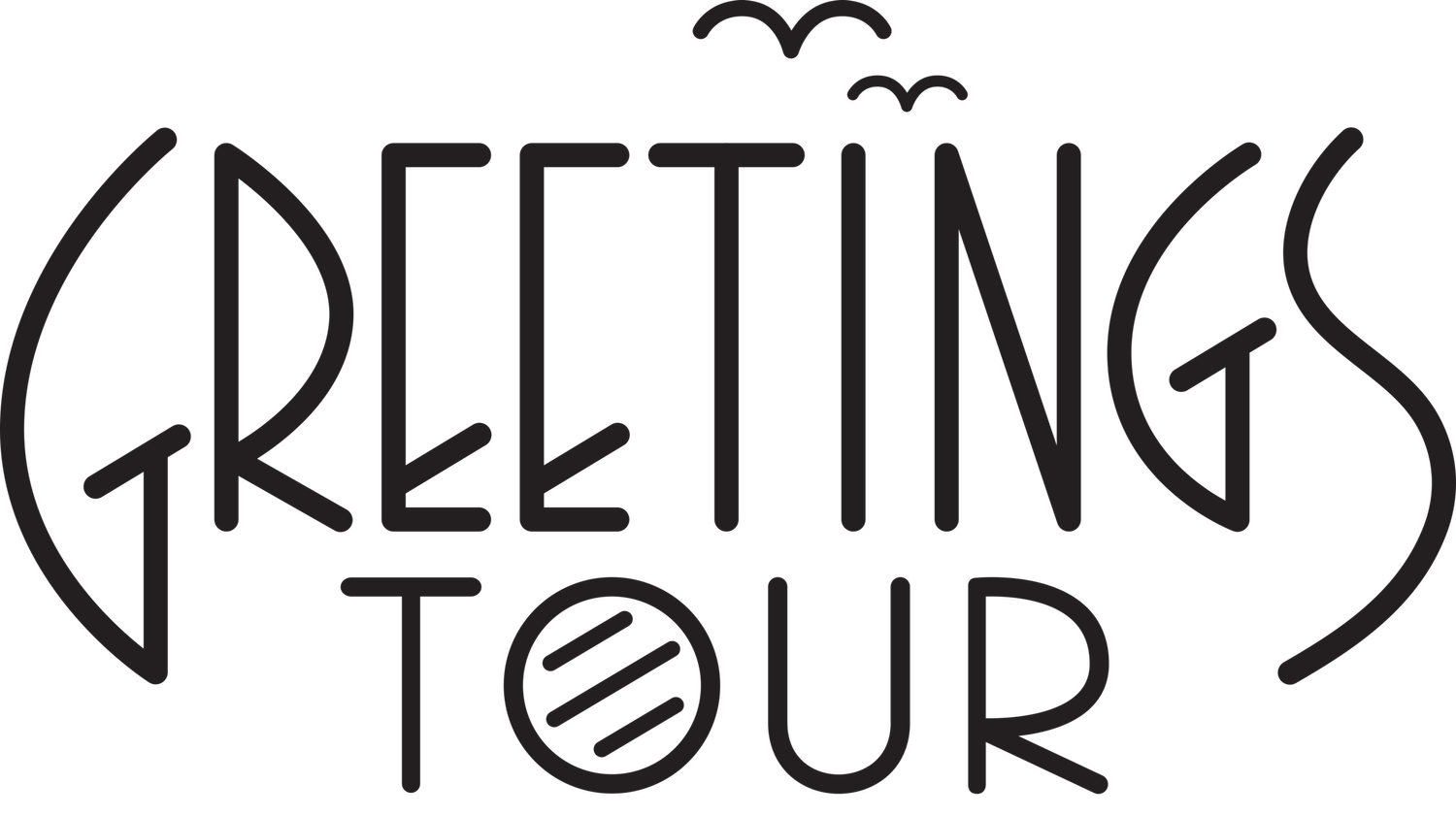 Design with the words "Greetings Tour" in stylized black text and small birds flying above.