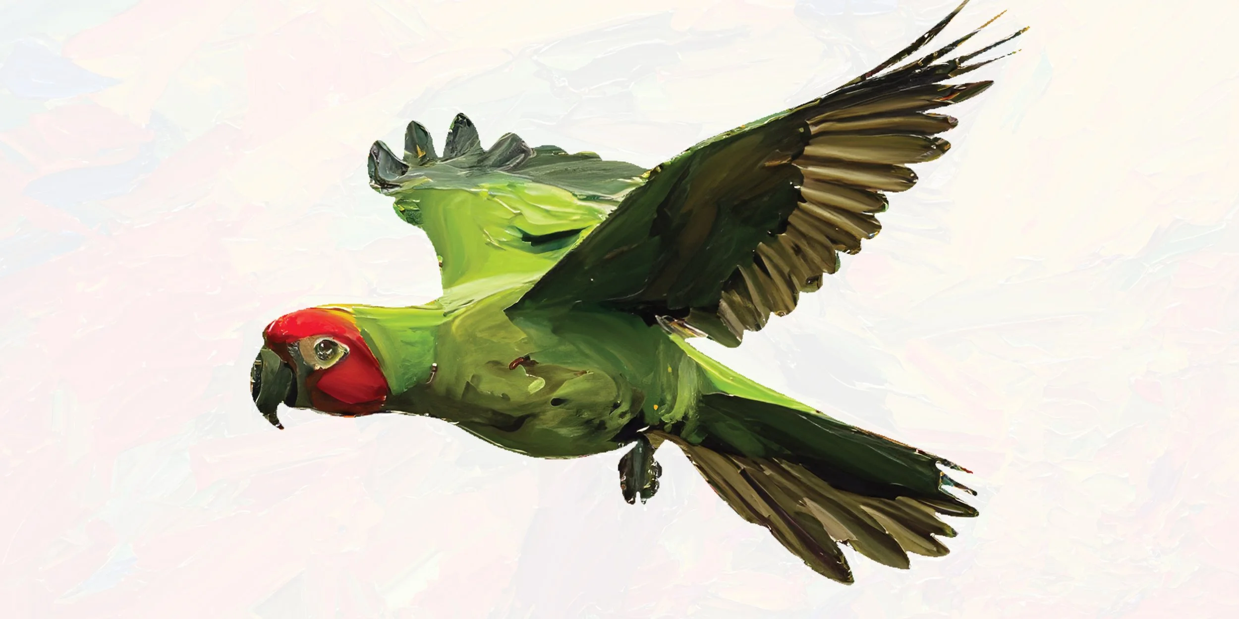 Colorful painting of a green parrot with a red head patch flying with wings spread