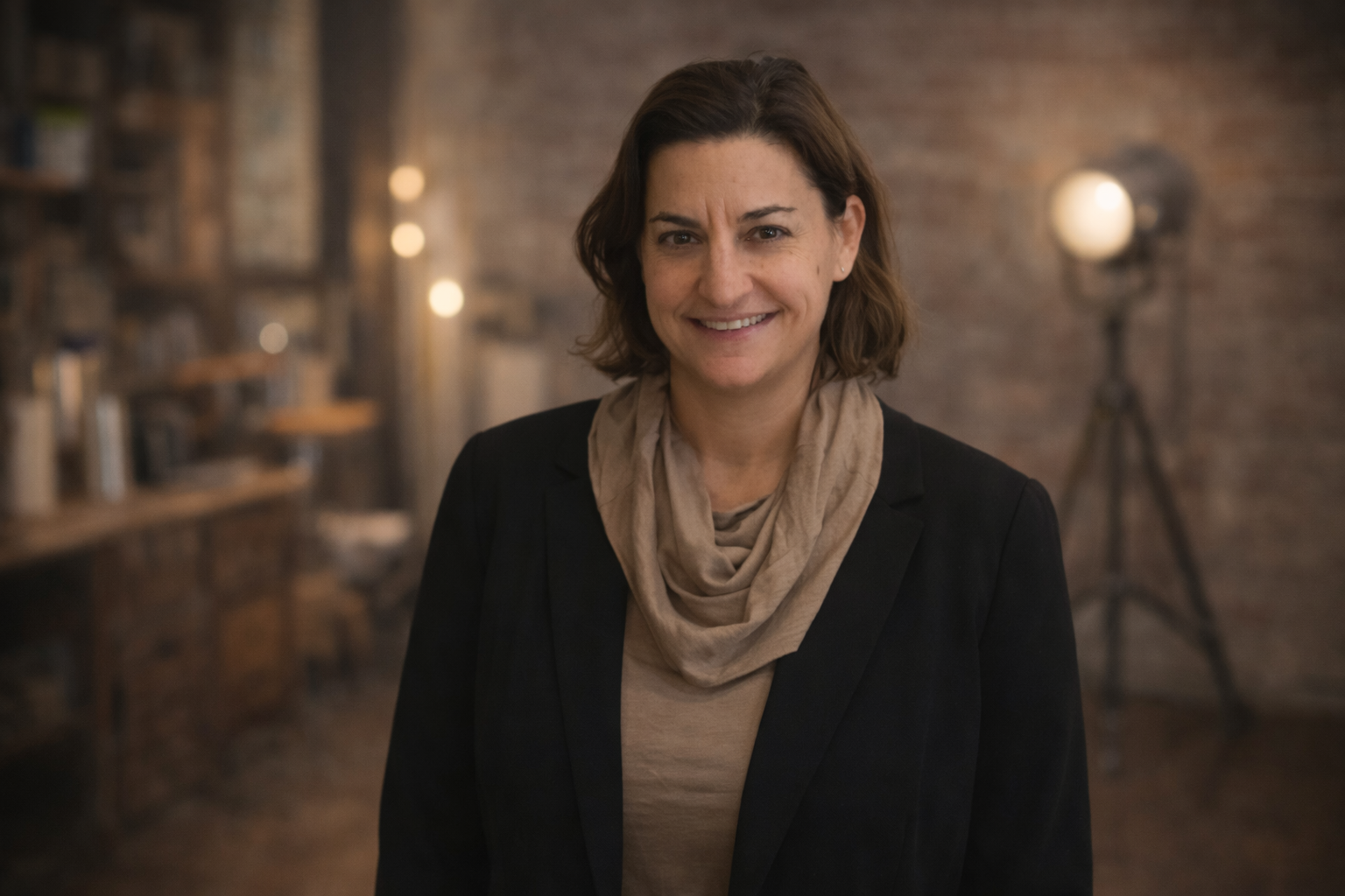 A woman with short brown hair smiling at the camera, dressed in a black blazer and light brown scarf, standing in a warmly lit room with a brick wall background and a floor lamp.