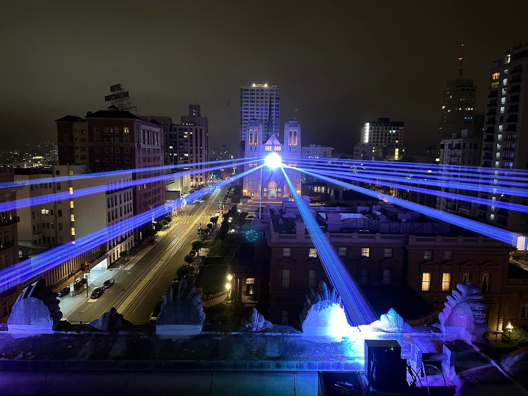 Getting our laser space cannon art display (Summer of Awe) ready for tonight through Saturday night. Nob Hill San Francisco 
Grace Cathedral and Fairmont Hotel.