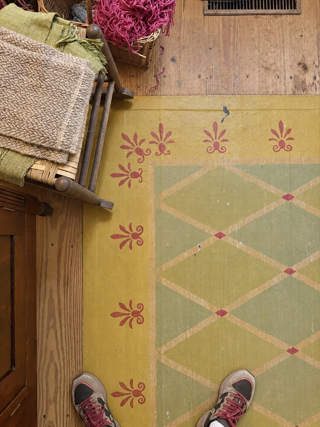 &ldquo;Decorating is the art of arranging beautiful things comfortably.&rdquo;
- Ruby Ross Wood

These details from a trip to Atlanta have been on repeat in my mind:

The stenciled floor. I need to use this somewhere ASAP.
The worn red chair against 