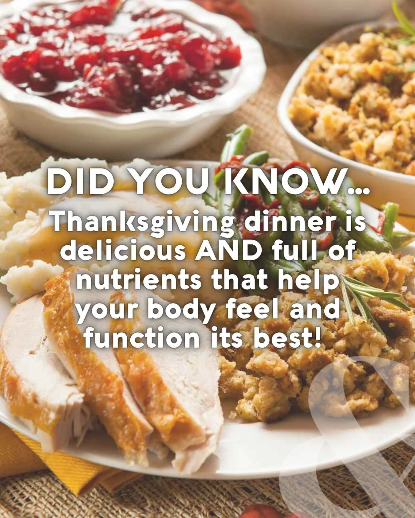 Thanksgiving dinner is delicious AND full of nutrients that help your body feel and function its best! 
🦃 Turkey: A great source of lean protein and B vitamins that support muscle repair and energy.
🥔 Potatoes: Packed with potassium and fiber for h