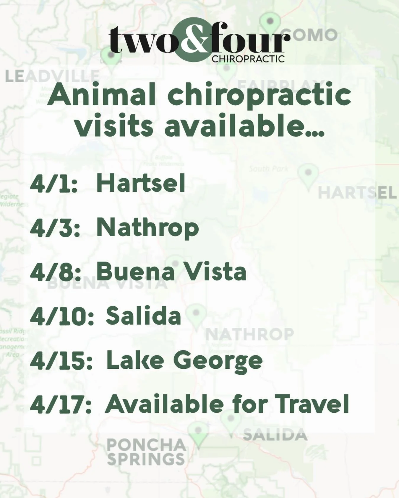 Our travel schedule is quickly filling for April! 

Animal chiropractic can benefit dogs and horses of all ages, sizes, and activity levels. Reach out to add on to one of our upcoming trips or to schedule a new one to your area! 

Don&rsquo;t forget,