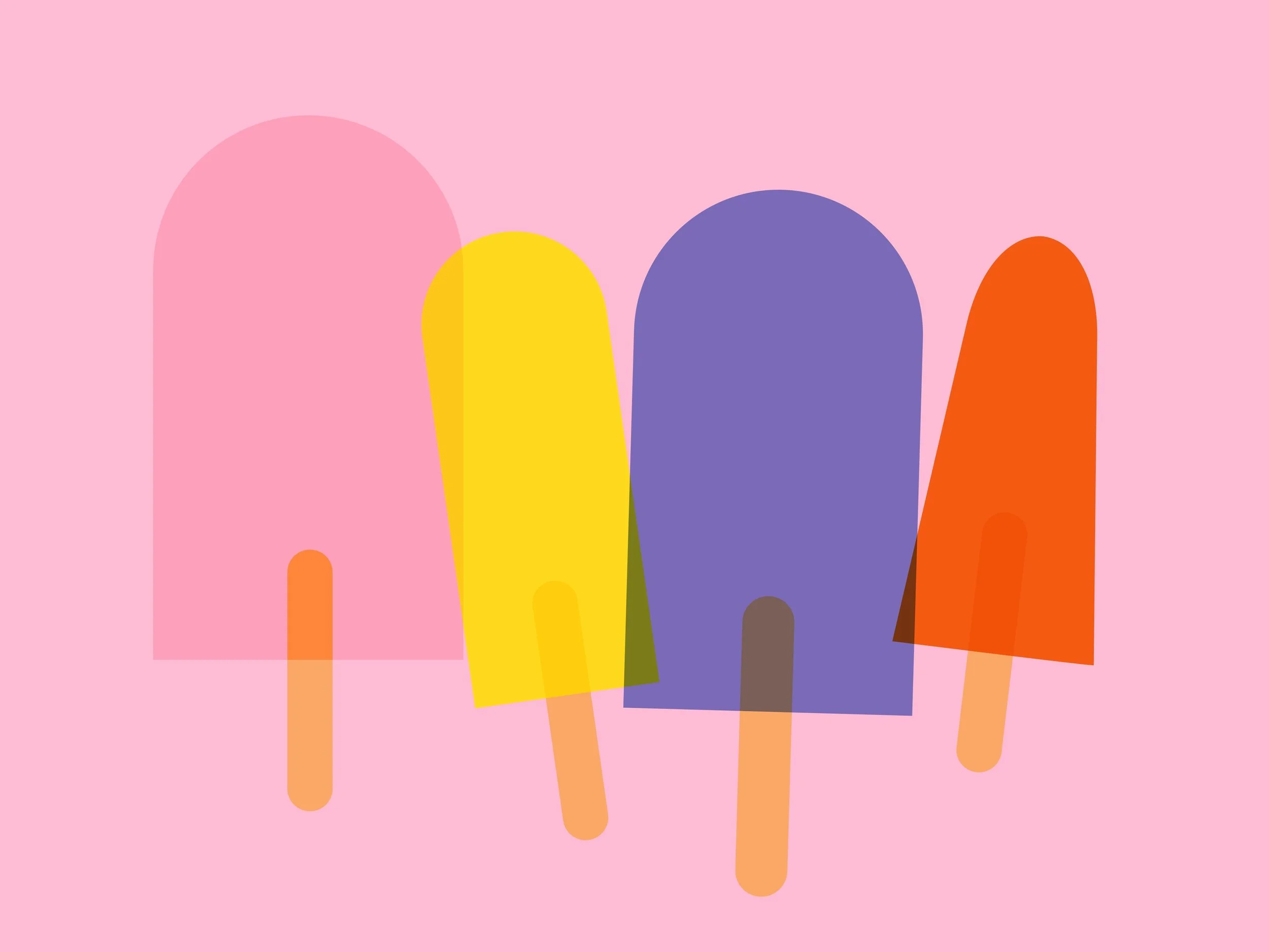 Four colorful popsicles in pink, yellow, purple, and orange with overlapping semi-transparent backgrounds on a pink background.