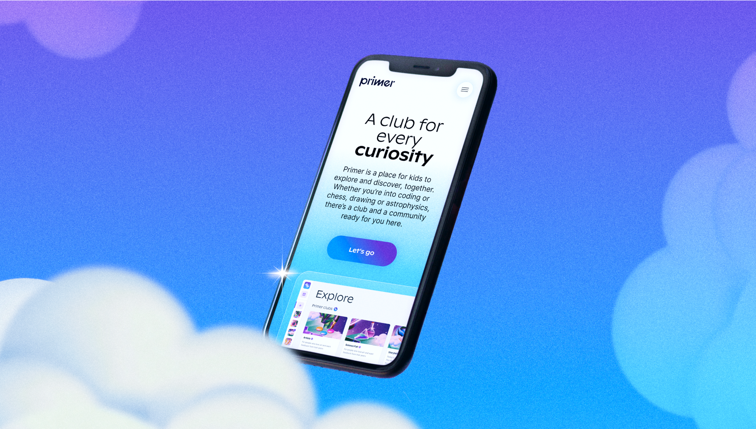 Smartphone displaying the Primer app home screen with the headline "A club for every curiosity" on a blue cloudy background.
