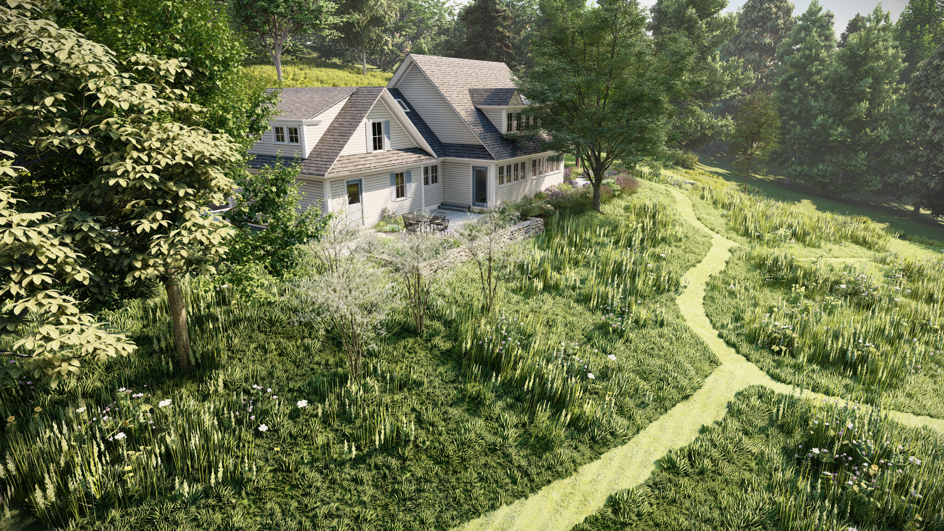 A large house with a gray roof and white siding is surrounded by lush green trees and a grassy landscape with winding trails and flowering plants.