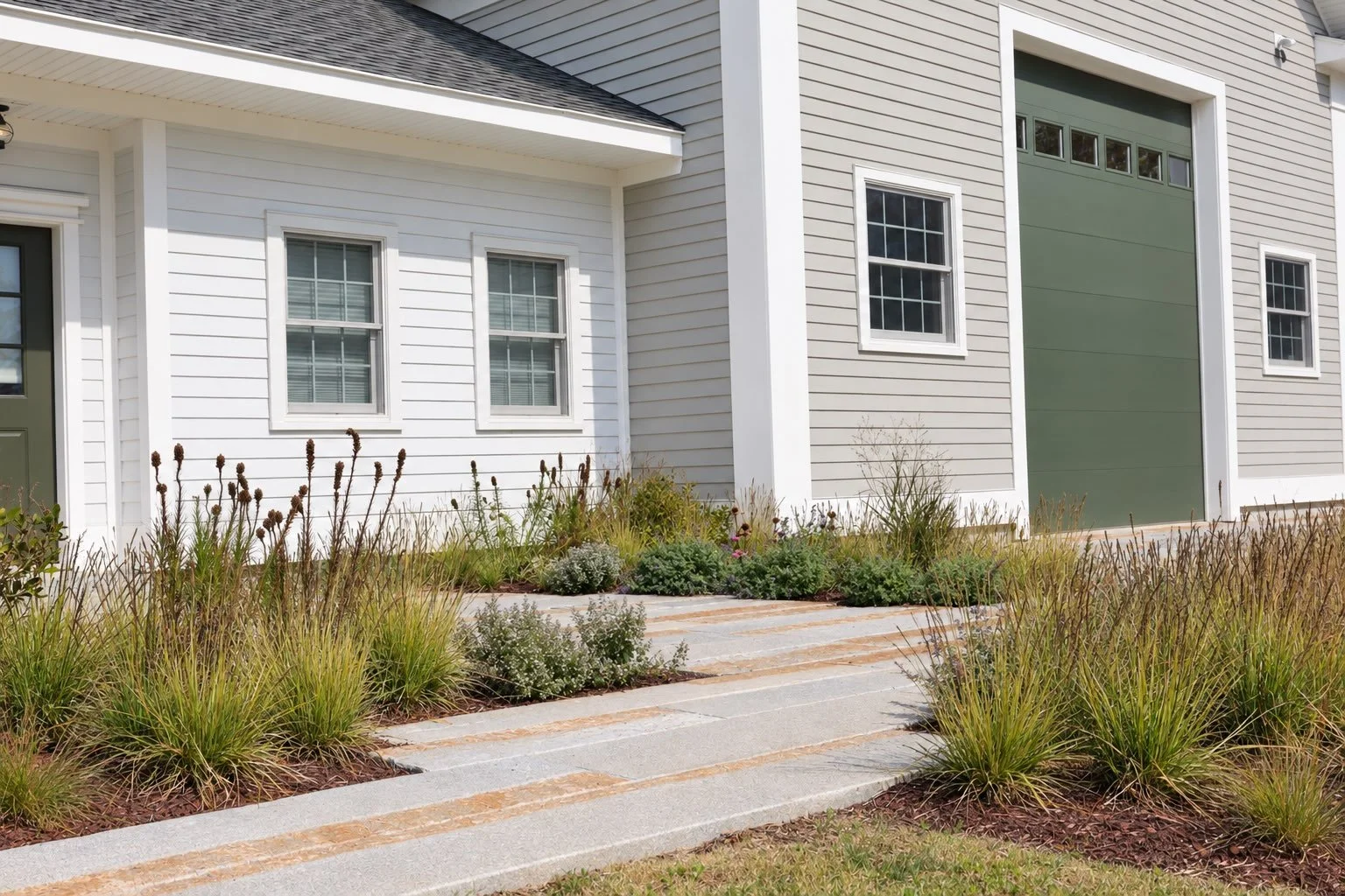 Mixing old and new on the coast. Reclaimed granite weaves between beds of naturalistic plant communities. 

Design &amp; Installation: @gbr_landscape 
Stonework and Site Work: @bullockstonework
