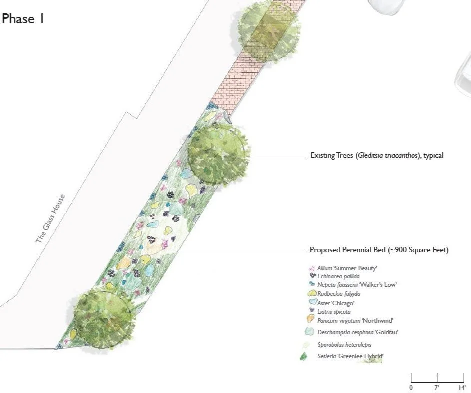 Landscape design plan showing existing trees, a proposed perennial bed with various plant species, and a brick pathway adjacent to a house, labeled 'The Gas House' and 'Phase 1'.