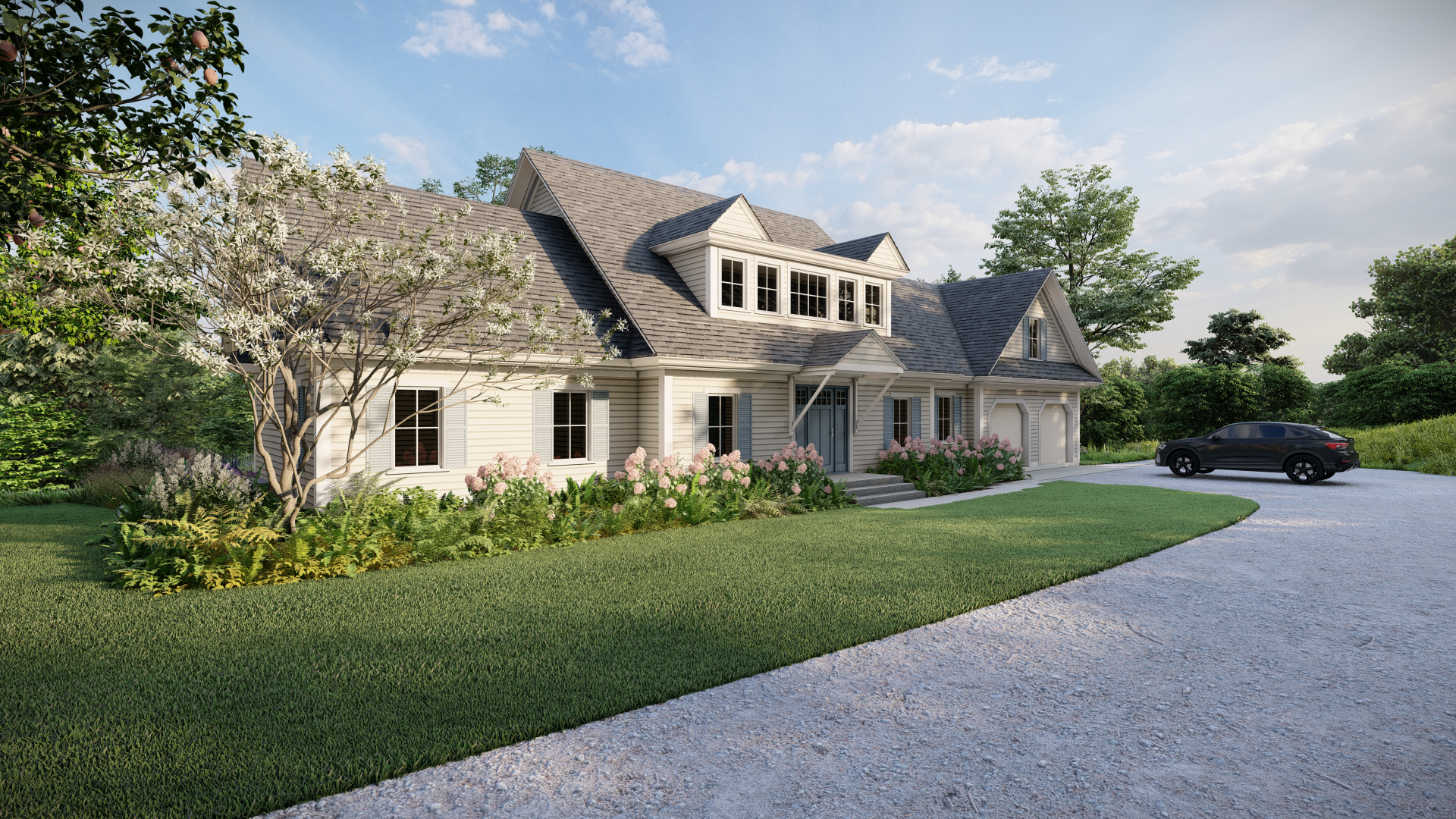 A modern two-story house with a light-colored exterior, multiple windows, and a sloped roof, surrounded by a well-maintained lawn, garden, and trees, with a black car parked in the driveway.