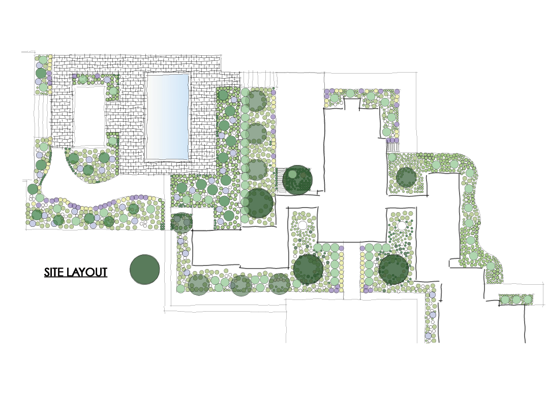 Diagram of a site layout with pathways, walls, and green landscaping elements, labeled 'SITE LAYOUT' at the bottom left.