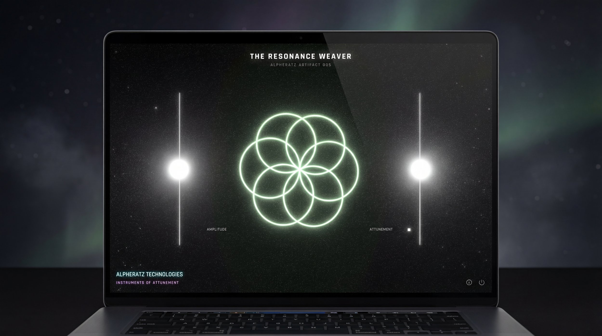 Laptop screen displays a scientific diagram titled 'The Resonance Weaver' with glowing geometric shapes and lines illustrating amplitude and attunement, against a starry background.