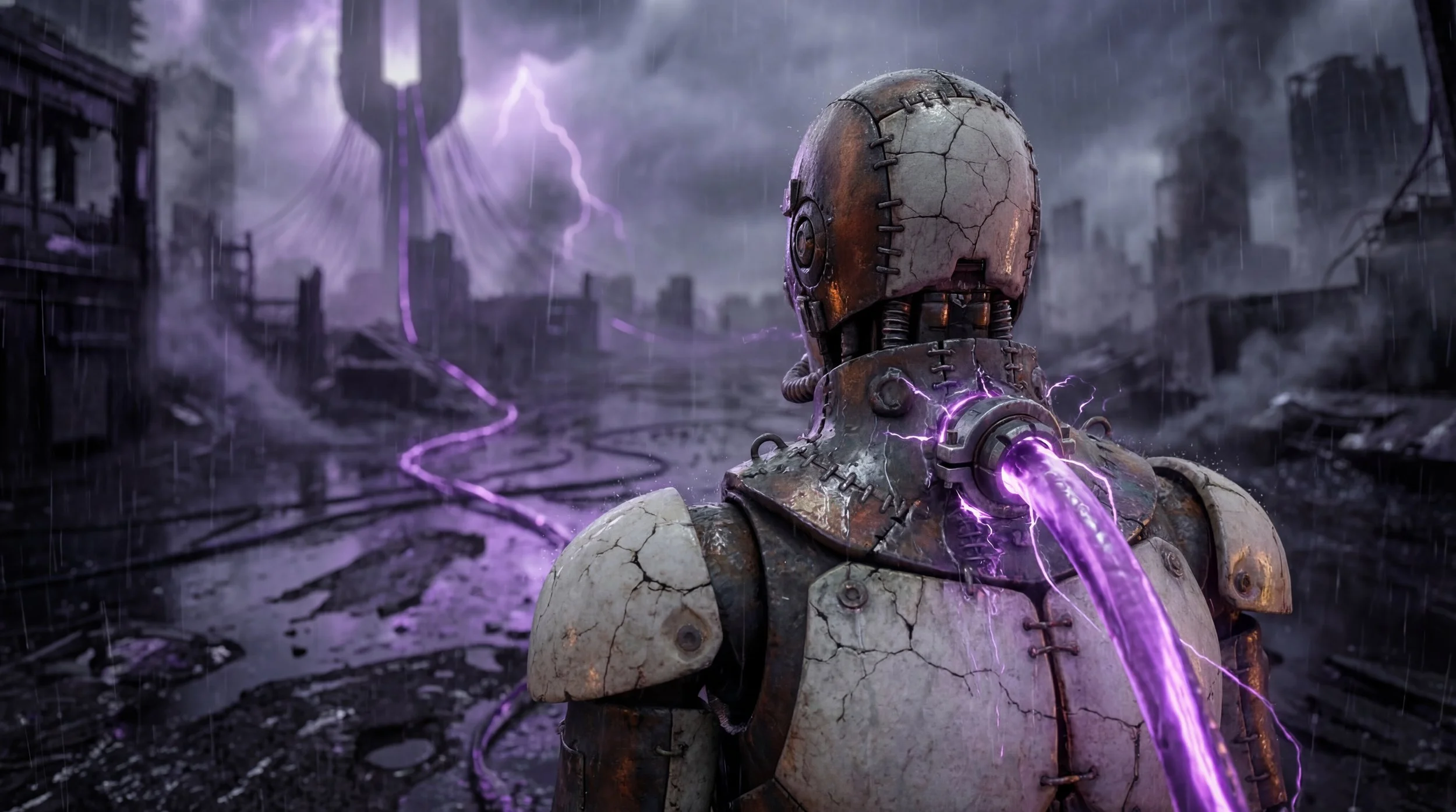 A robotic figure with a cracked, weathered surface stands in a post-apocalyptic landscape, with purple lightning and energy flowing from its back and chest amidst ruined buildings and a stormy sky.